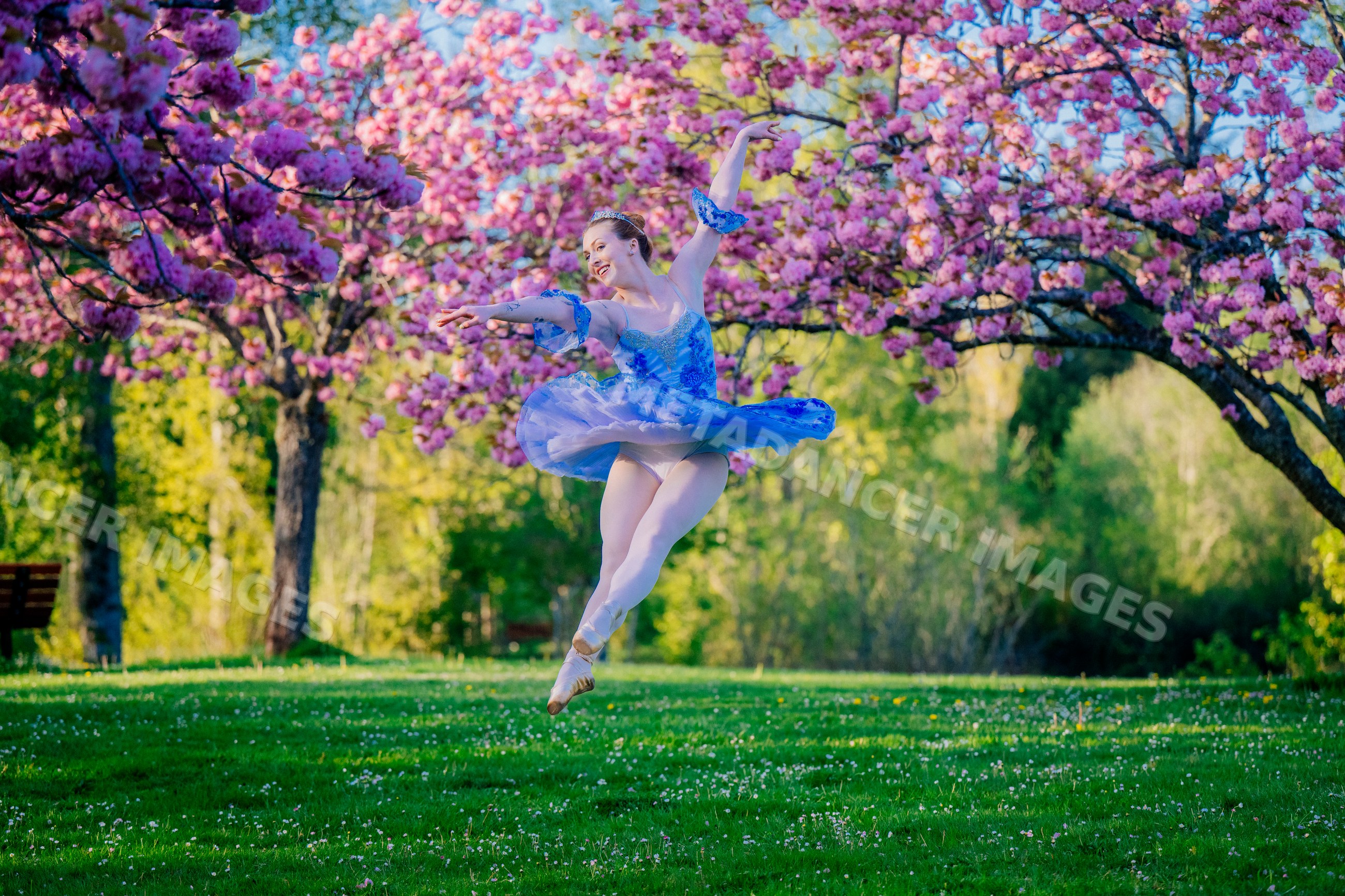 A ballerina in a blue costume leaps gracefully