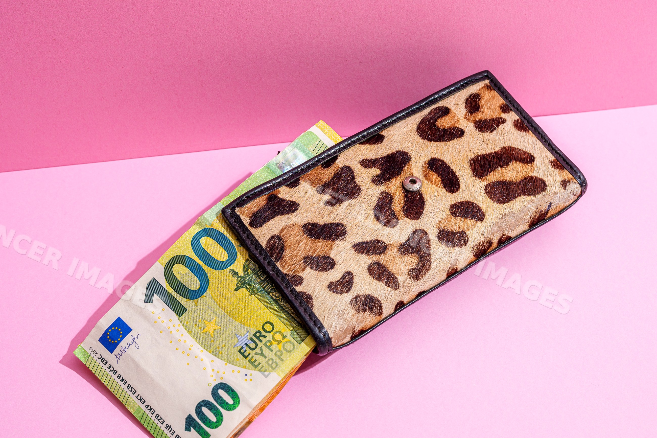 Leopard print wallet with 100 euro banknotes on pink studio background