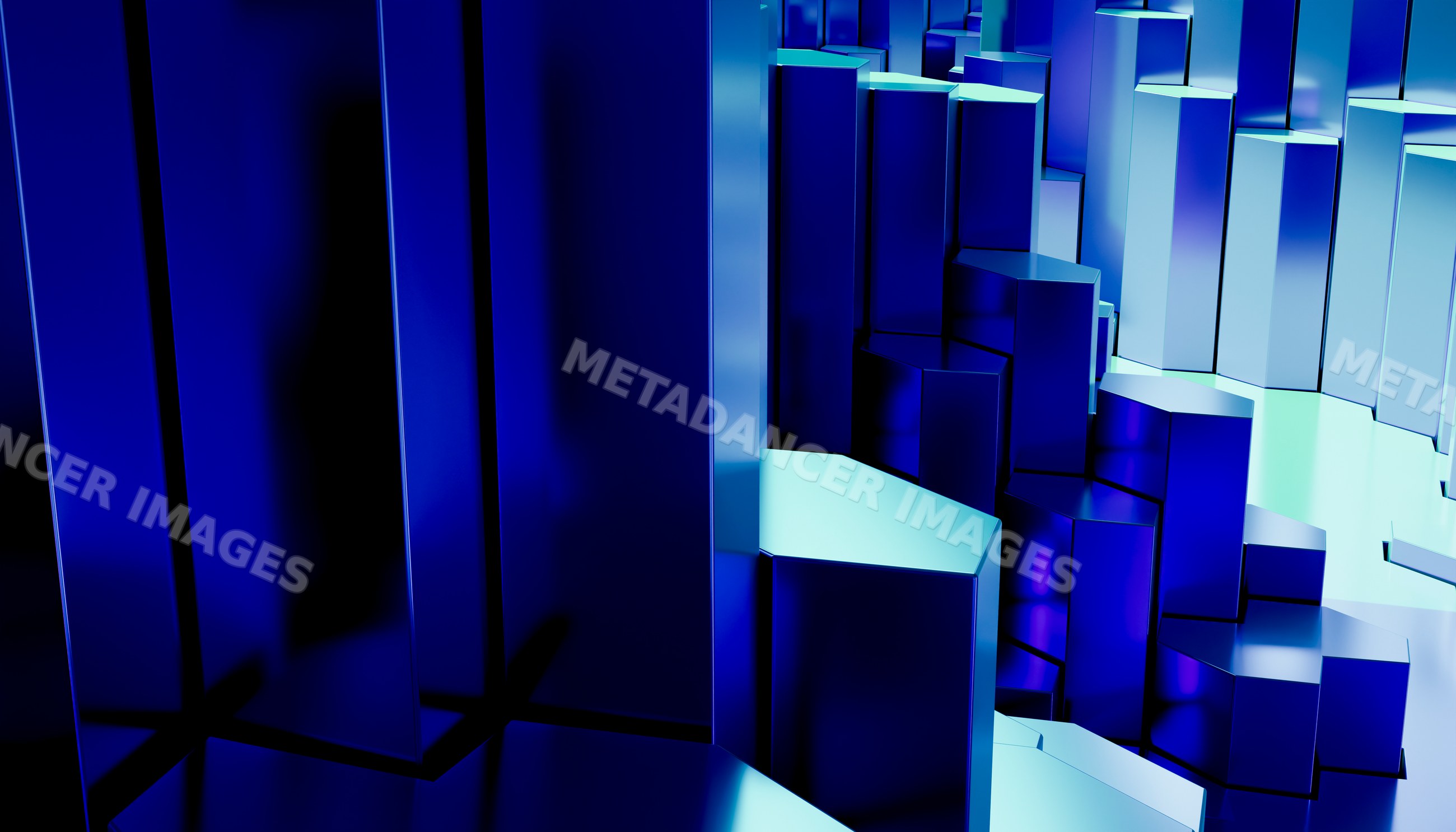 Blue 3d hexagonal columns arranged in an abstract geometric pattern