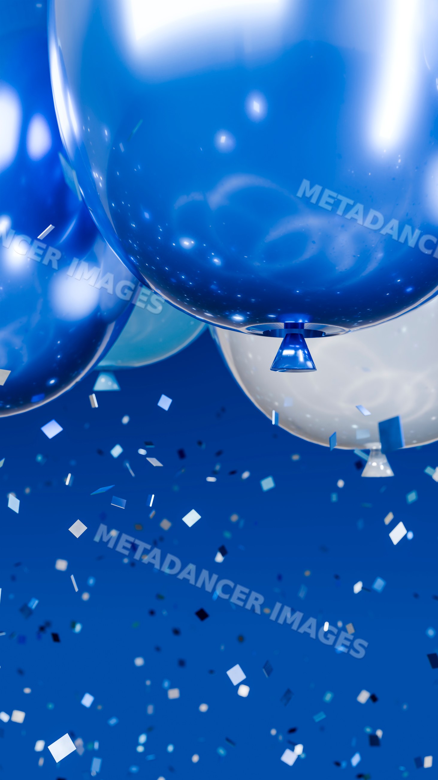 Blue and white balloons with colorful confetti celebrating