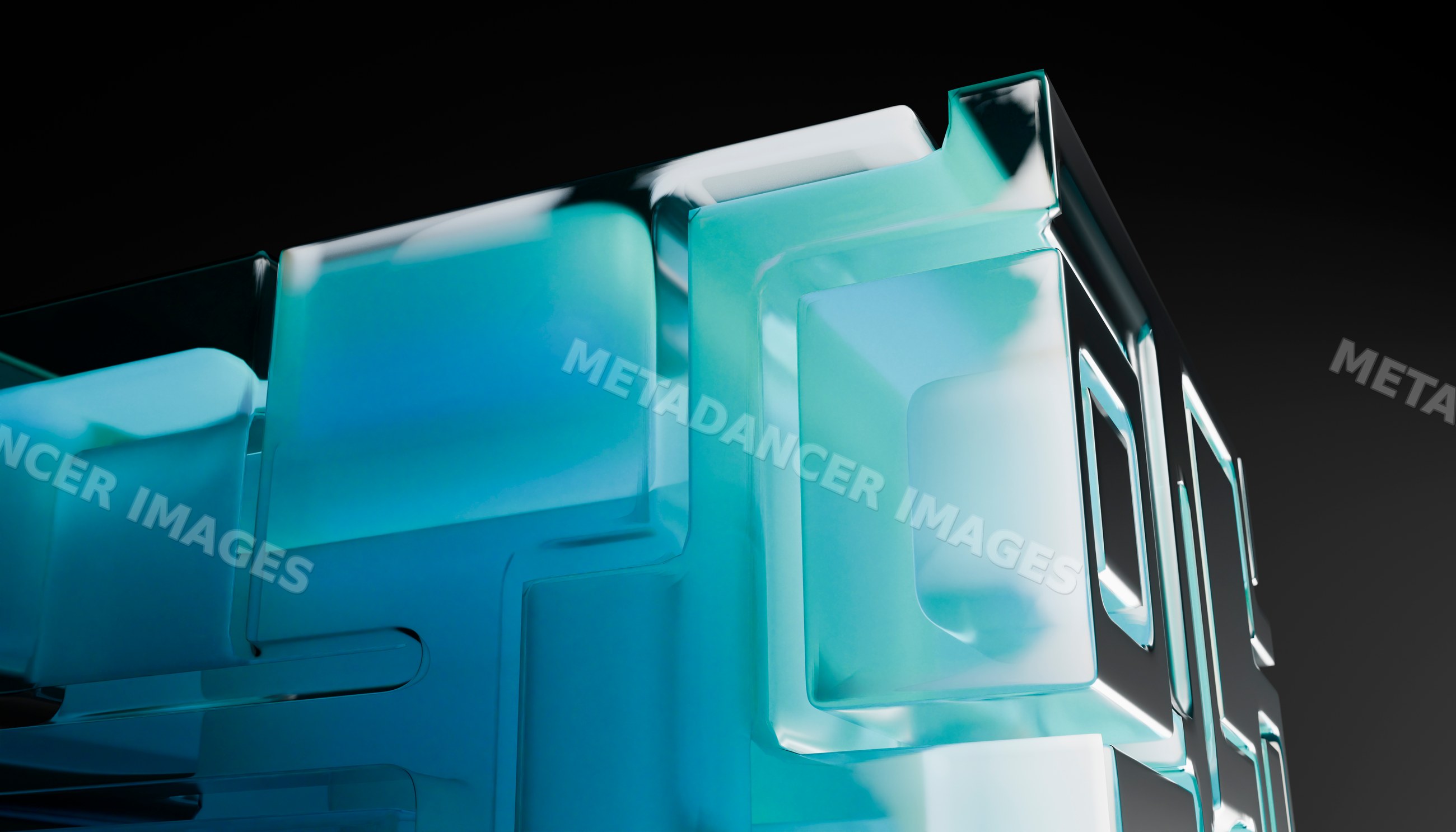 Close-up of a blue translucent glass cube with geometric shapes