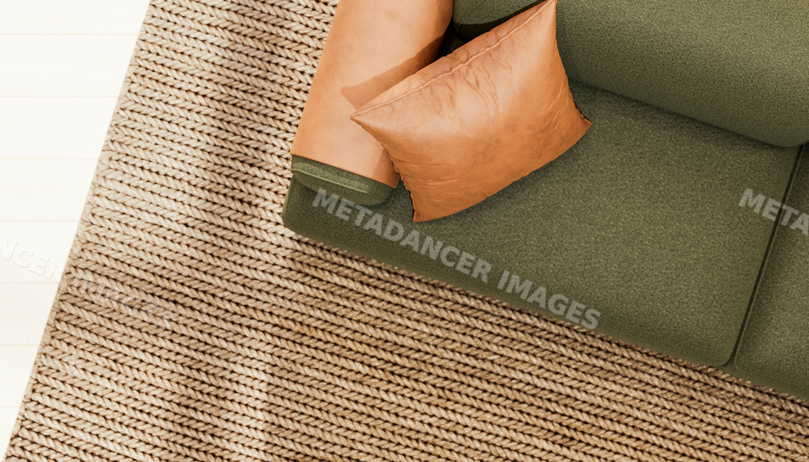 Green sofa with brown pillows on woven rug in living room