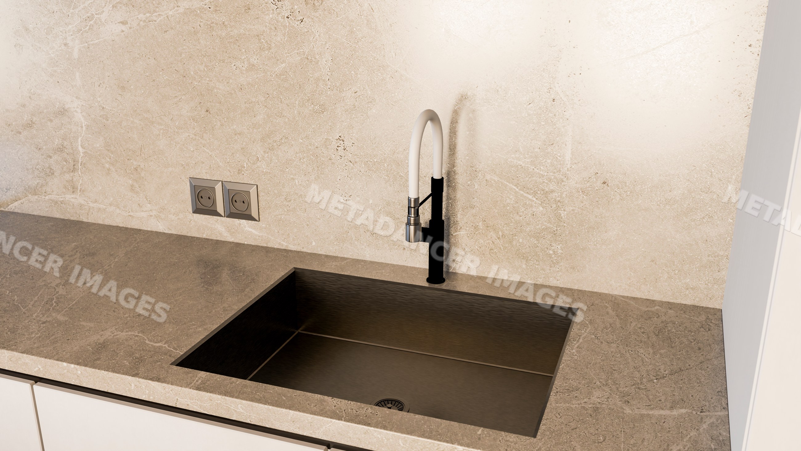 Modern kitchen sink with stainless steel basin and stone countertop