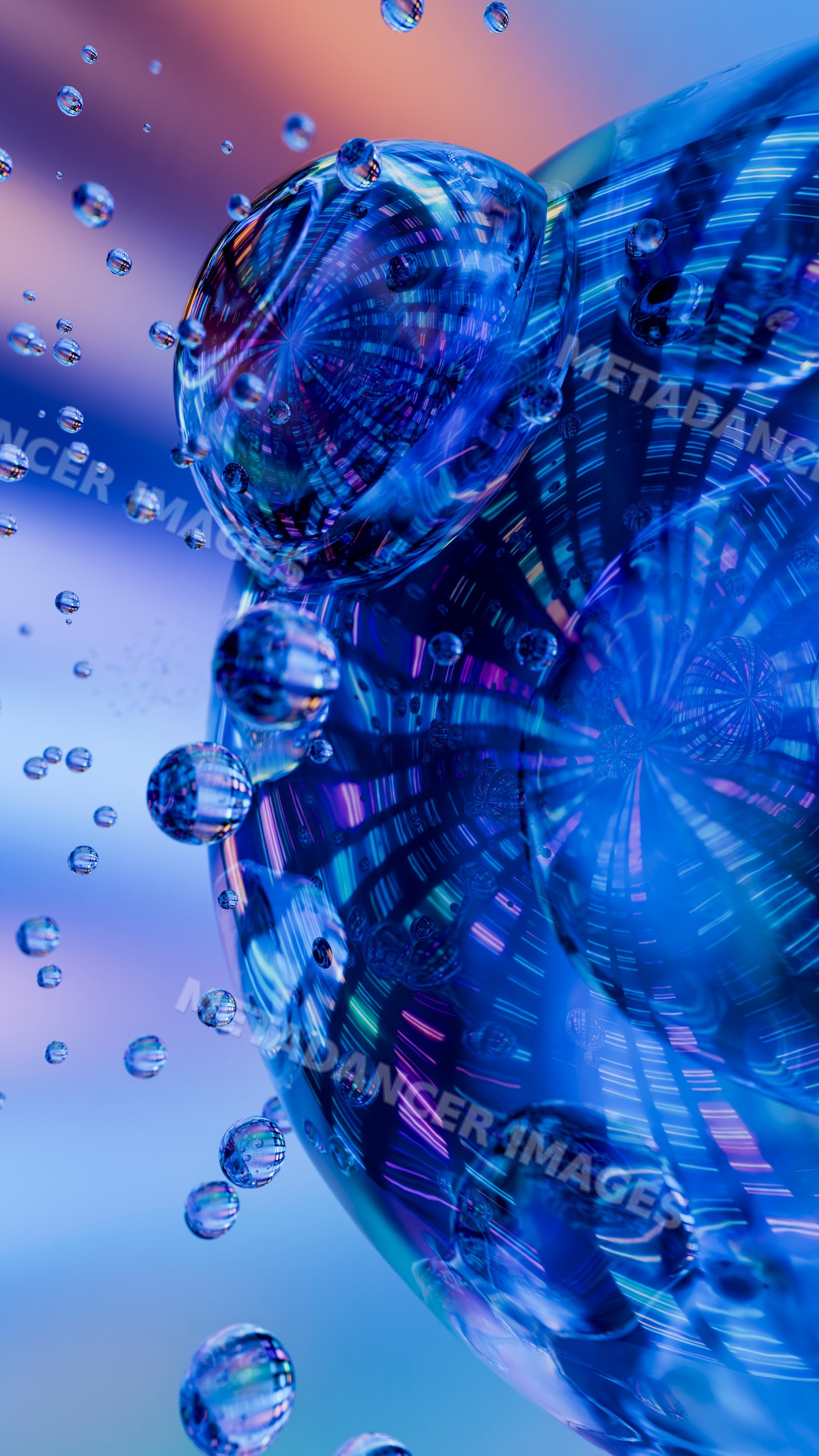 Close-up of water droplets with colorful light reflections on liquid