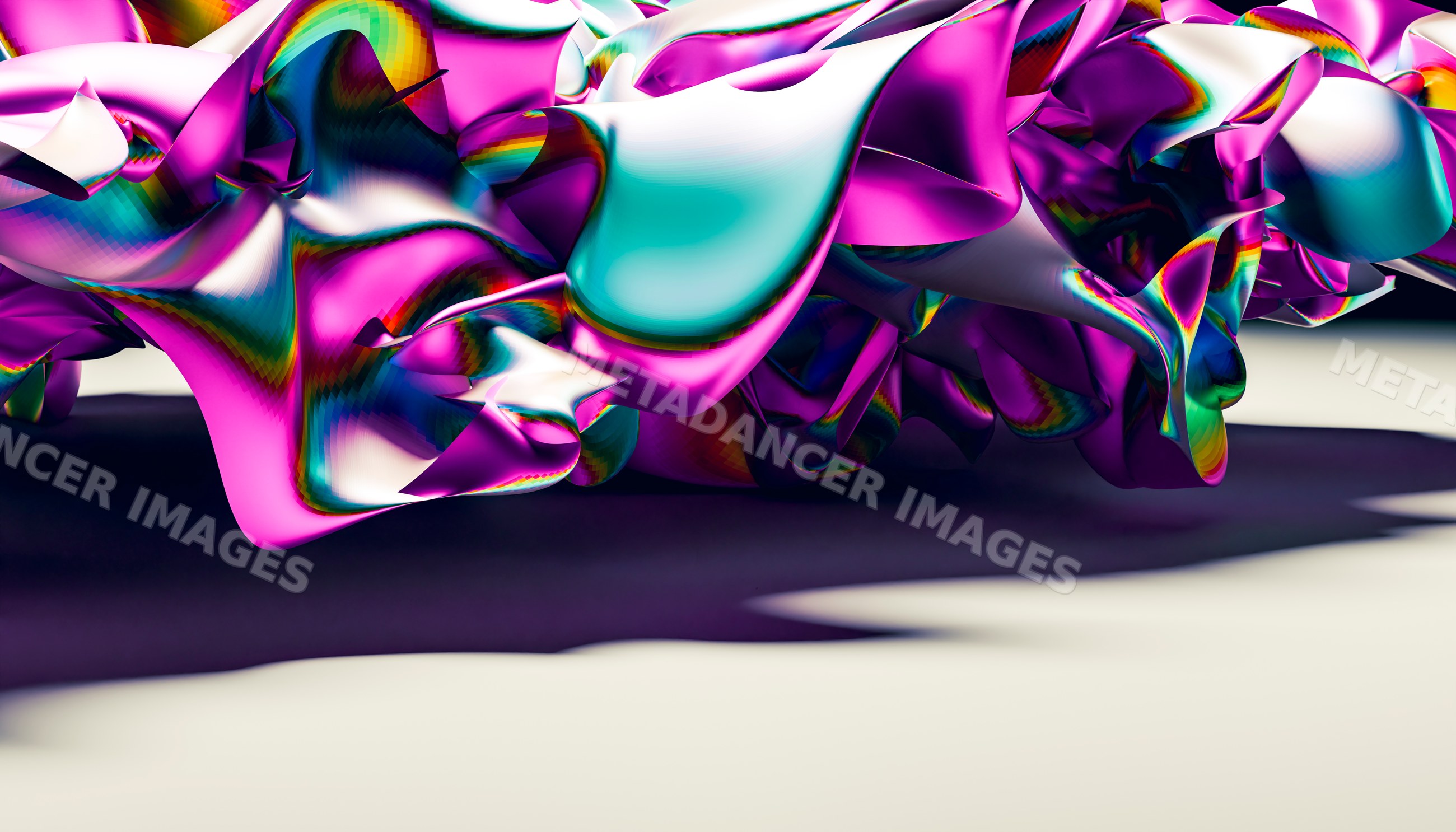 A vibrant abstract digital sculpture with colorful fluid folds