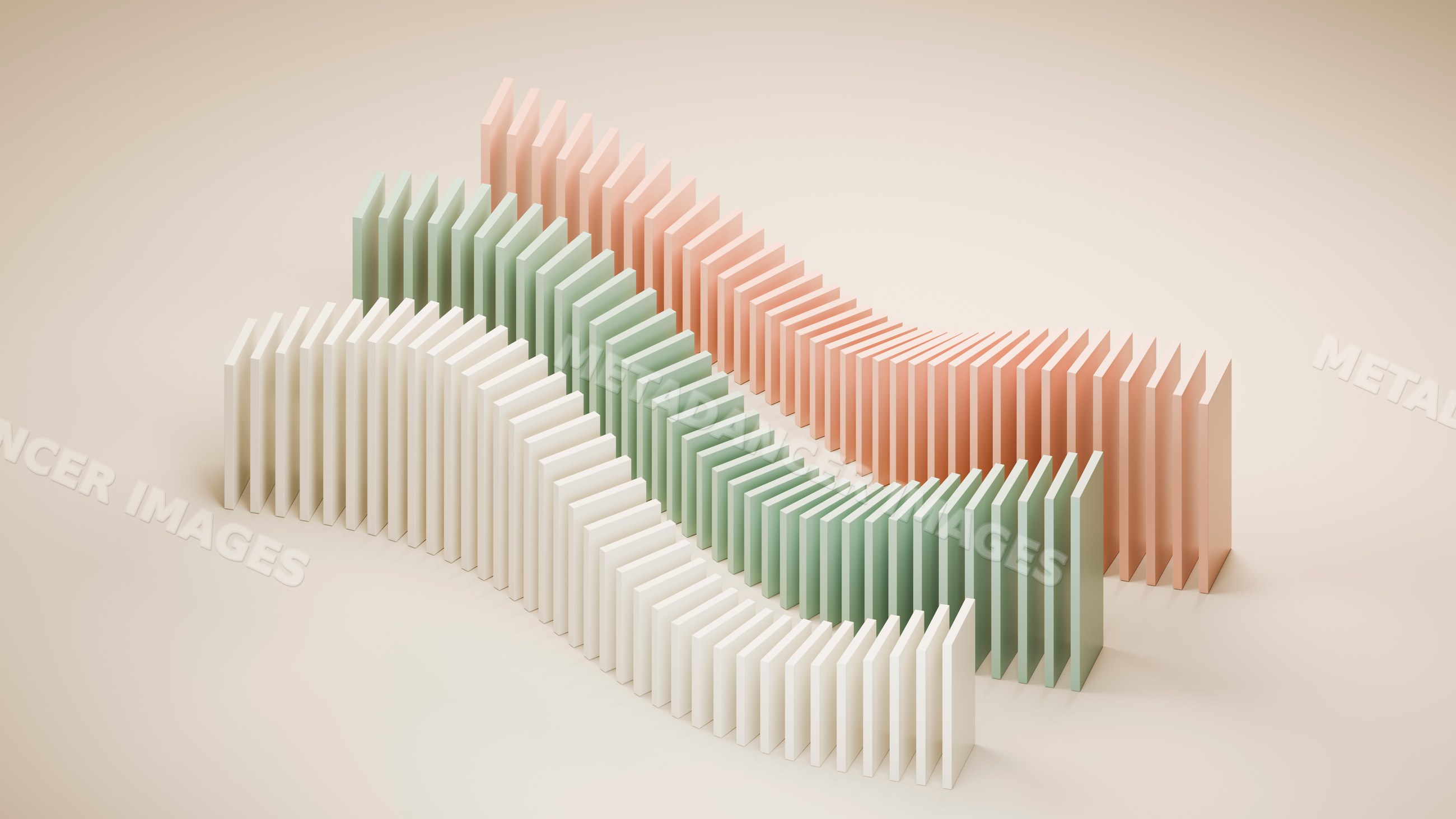 Abstract arrangement of falling pastel-colored dominoes in curved rows