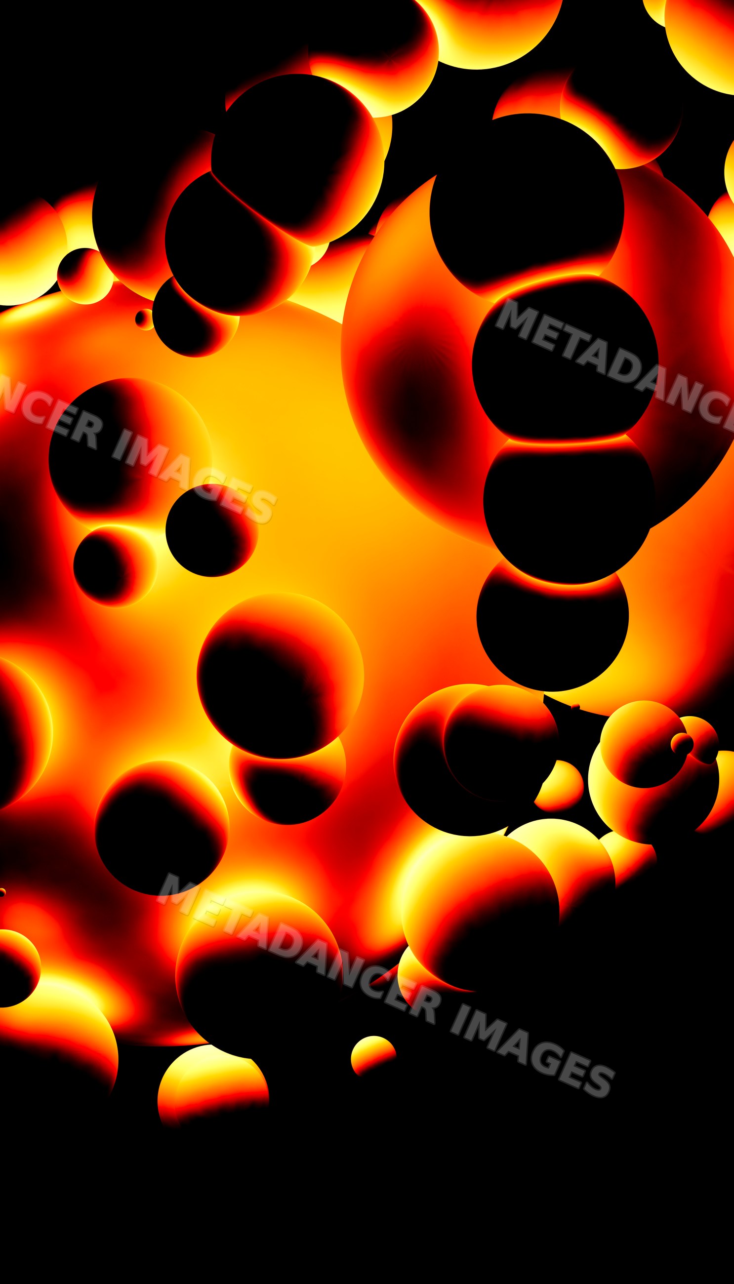 Glowing orange and black spheres float