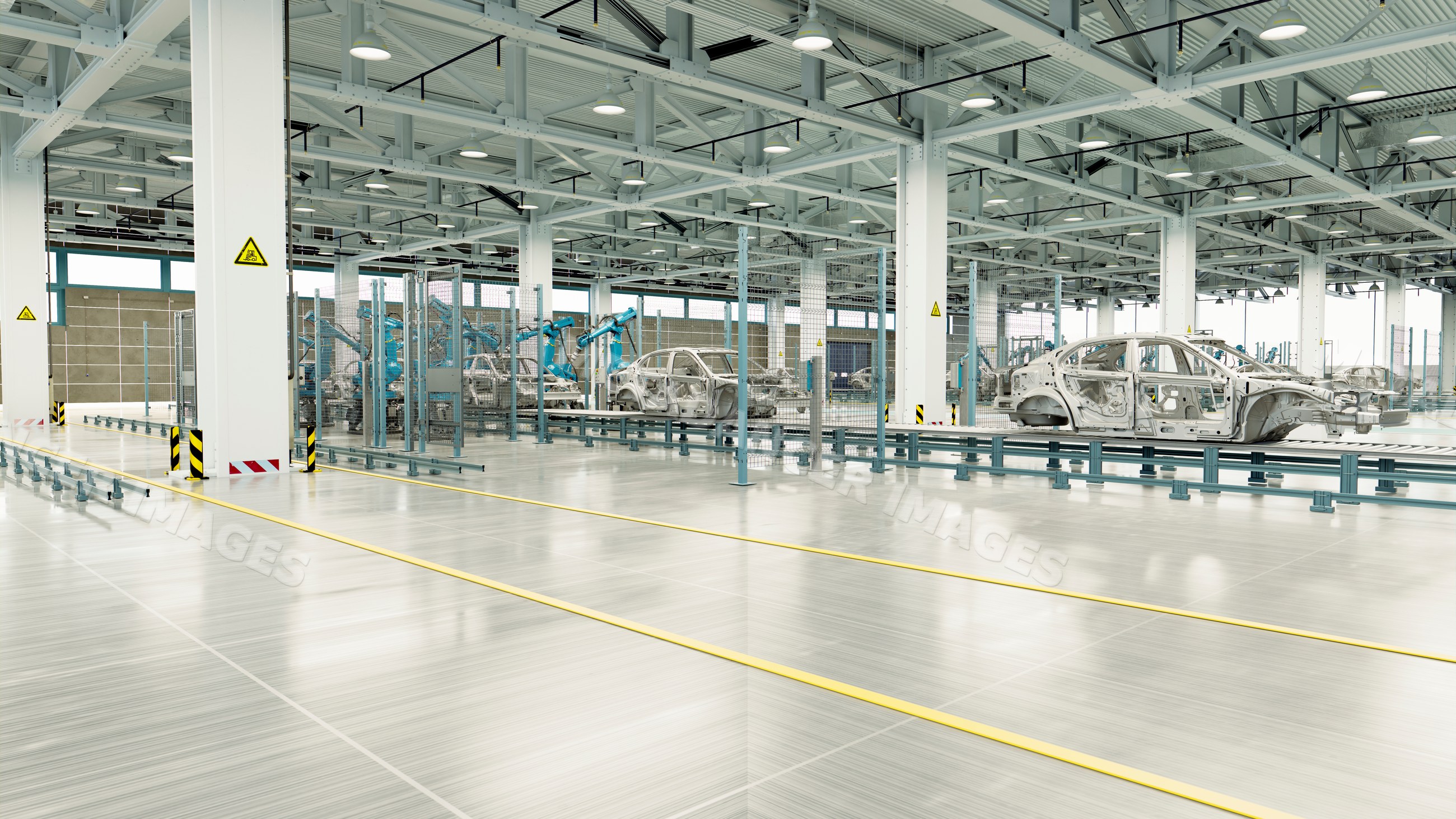 Car manufacturing factory with robotic assembly line