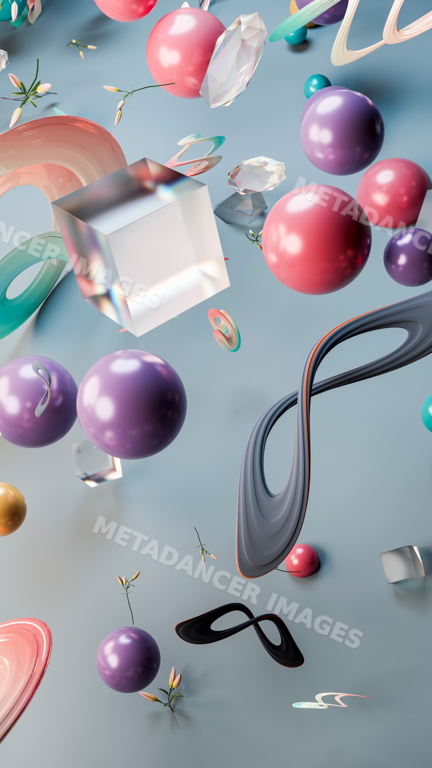 Floating colorful spheres and geometric shapes