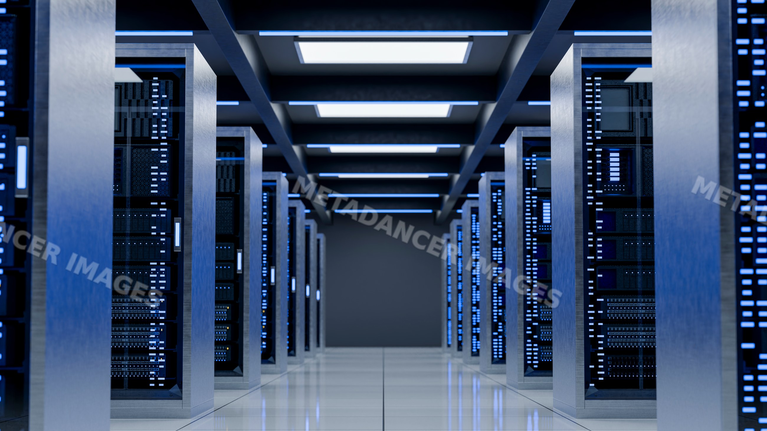 Server racks illuminated by blue lights in modern data center aisle