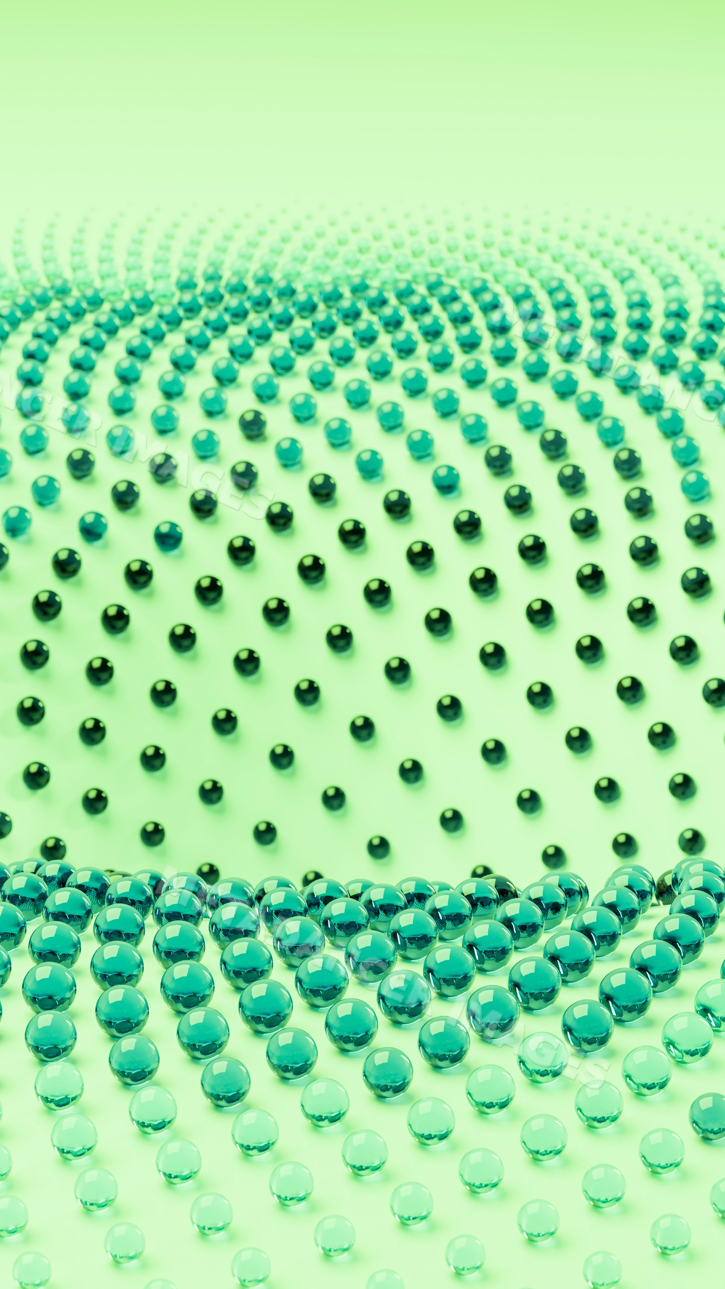 Abstract pattern of green transparent glass spheres