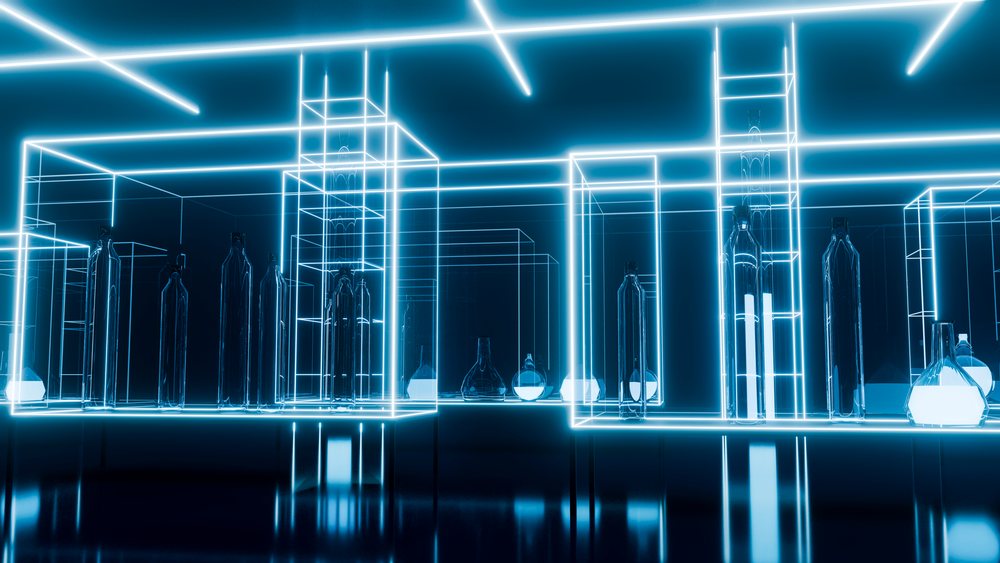 Futuristic glass bottles displayed on illuminated neon blue shelves