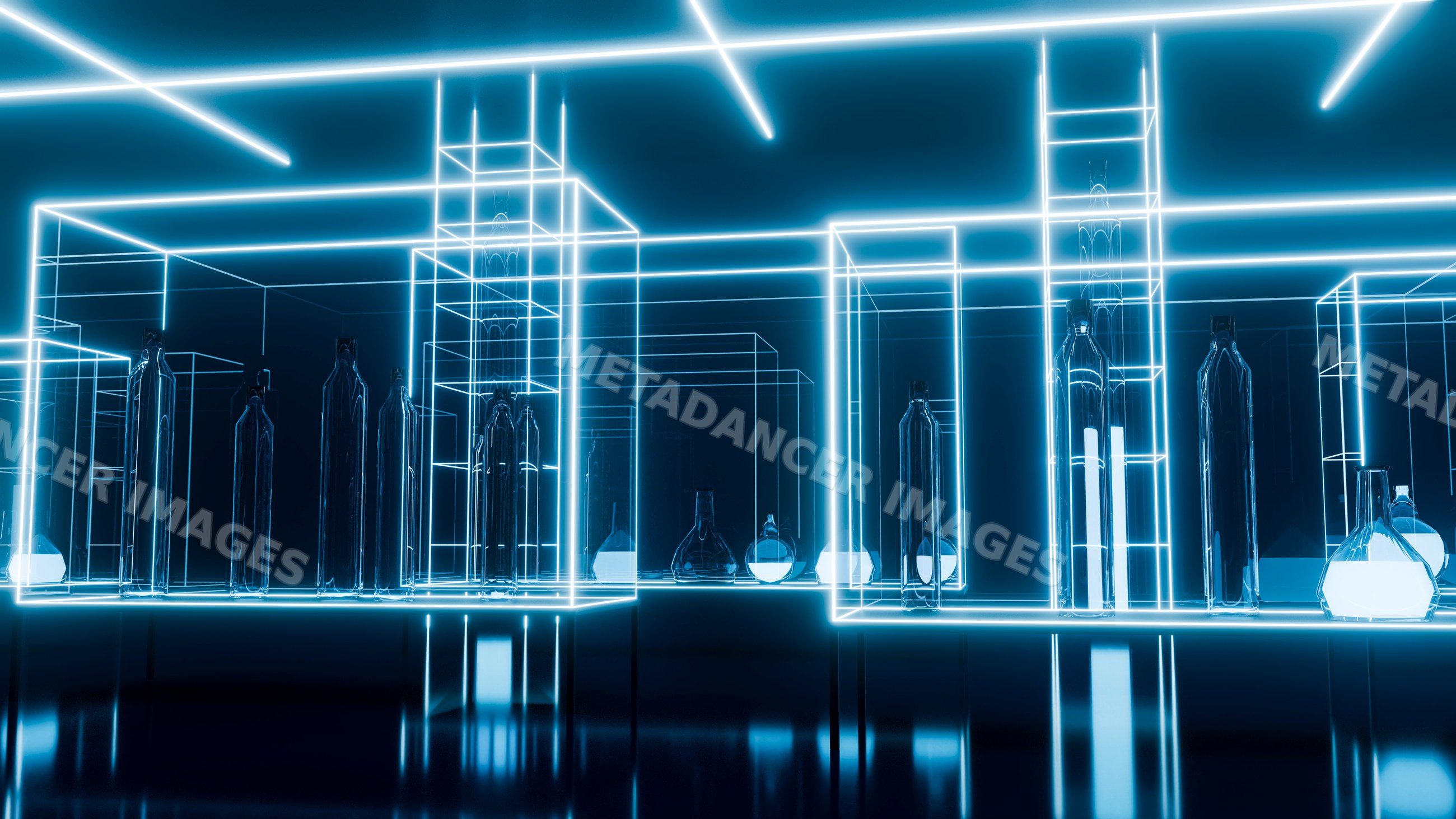 Futuristic glass bottles displayed on illuminated neon blue shelves