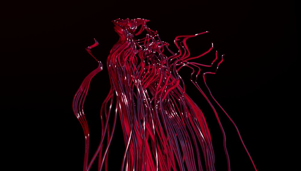 Abstract red wavy lines flow dynamically on dark background