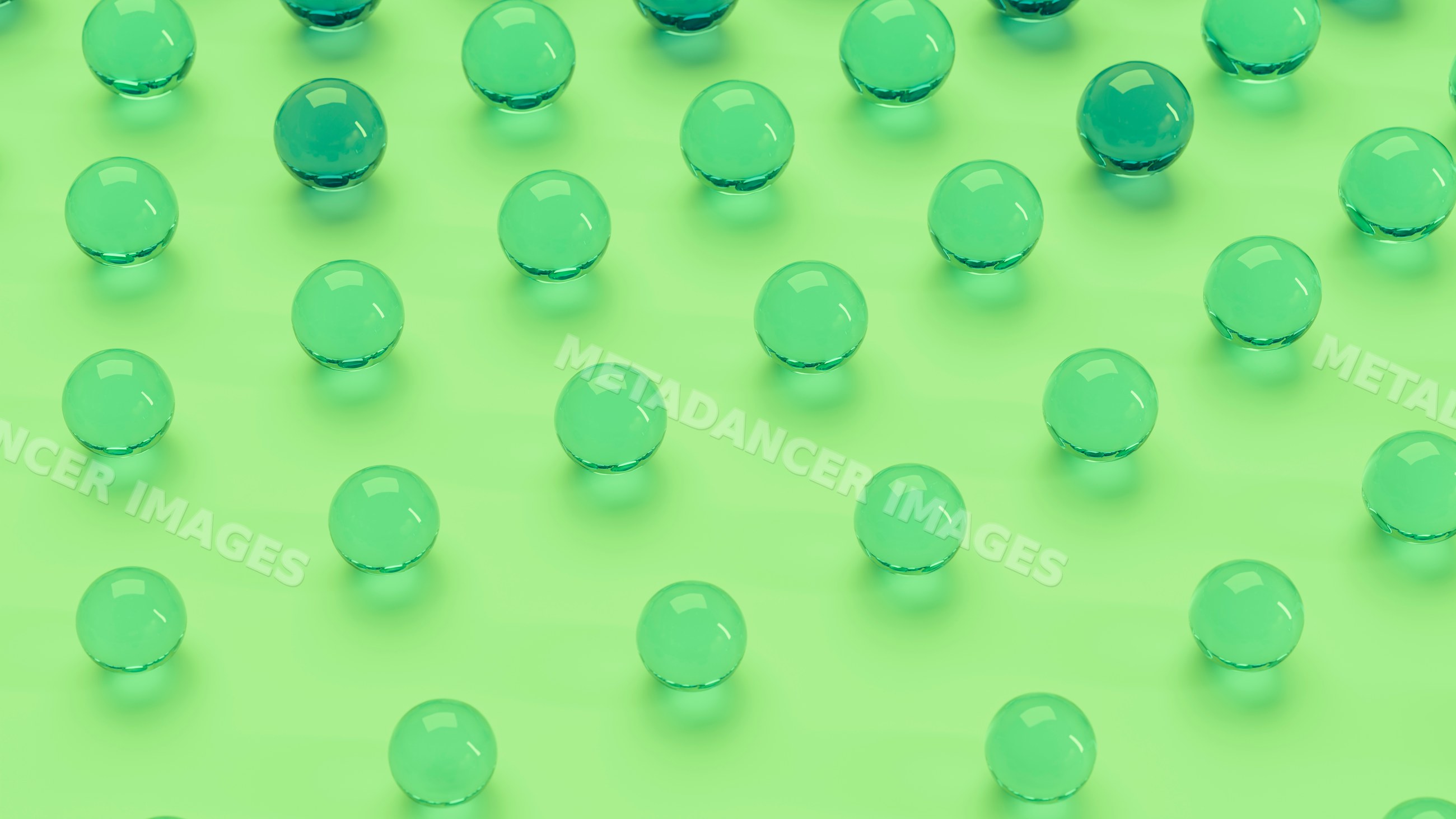 Green transparent spheres forming a geometric pattern