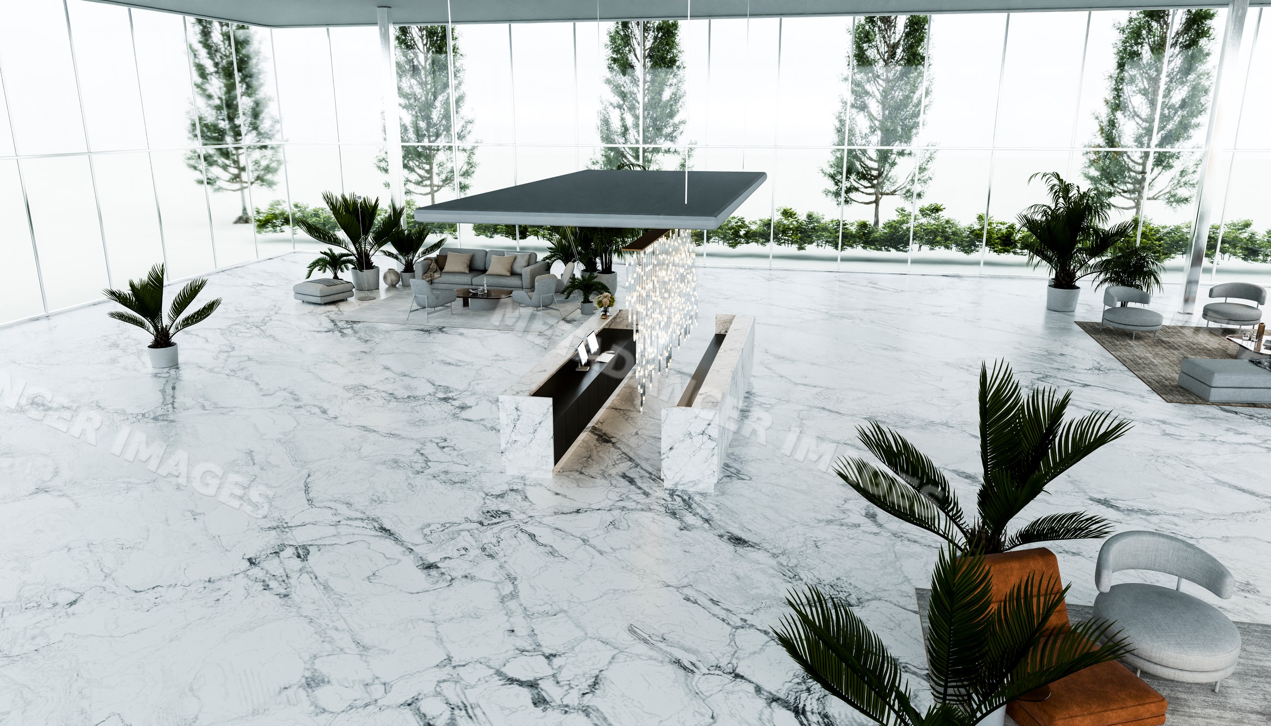 Modern lobby interior with marble floors and glass walls