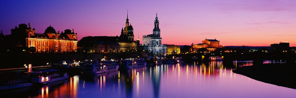 Dresden skyline at sunset along the elbe river