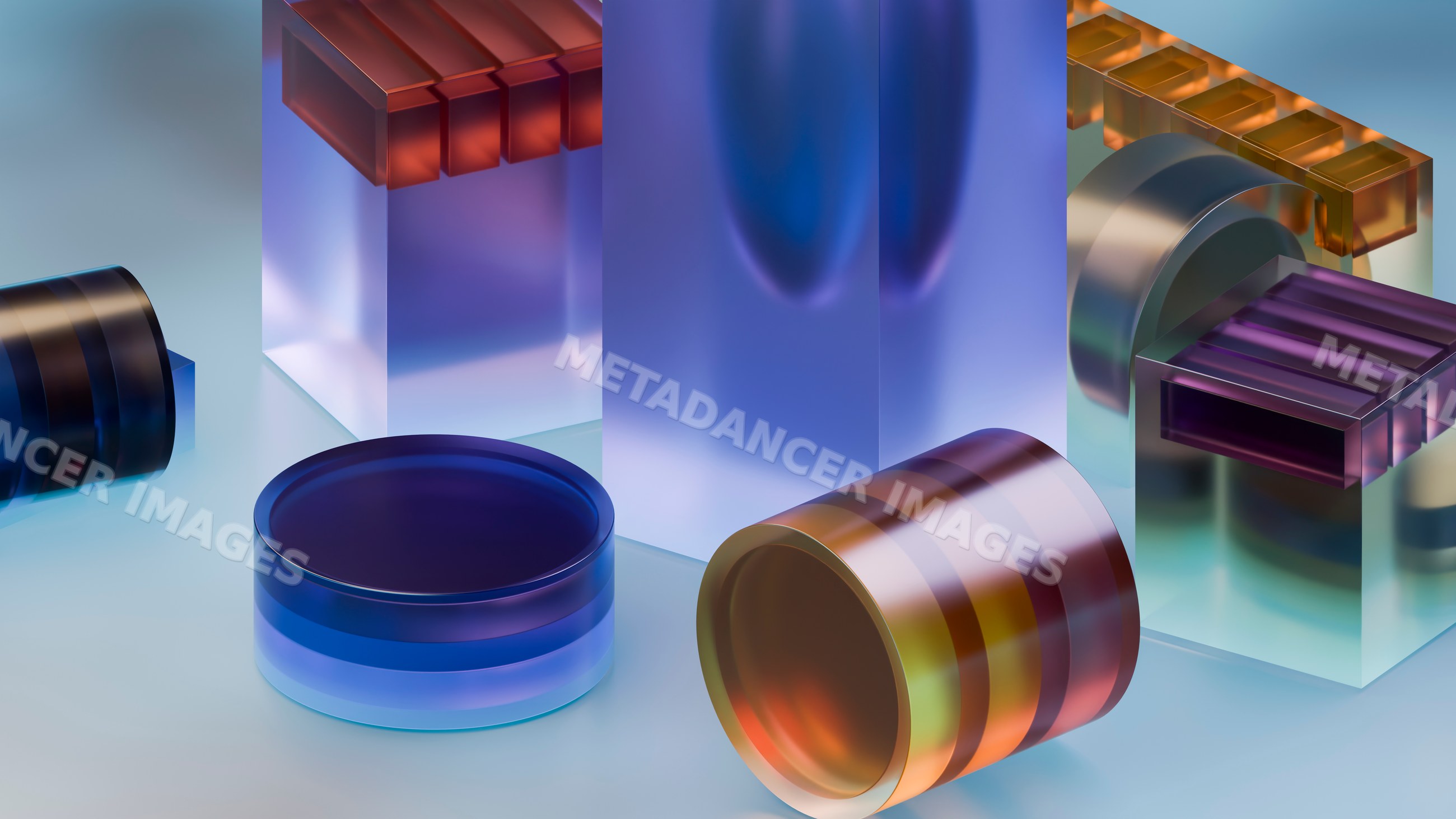 Colored glass blocks and abstract geometric shapes