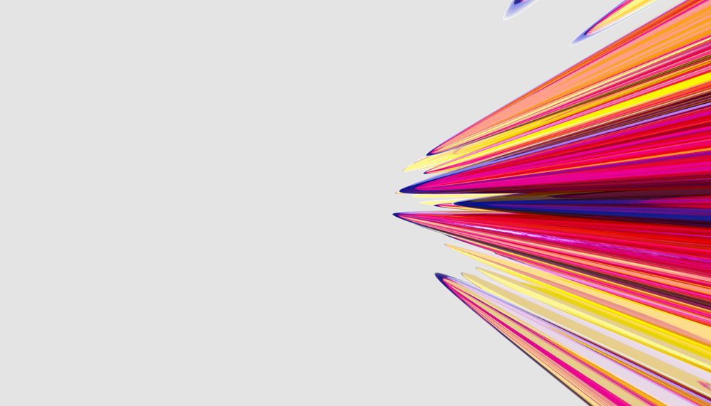 Digital 3d artwork of vibrant colorful spikes converging on a gray