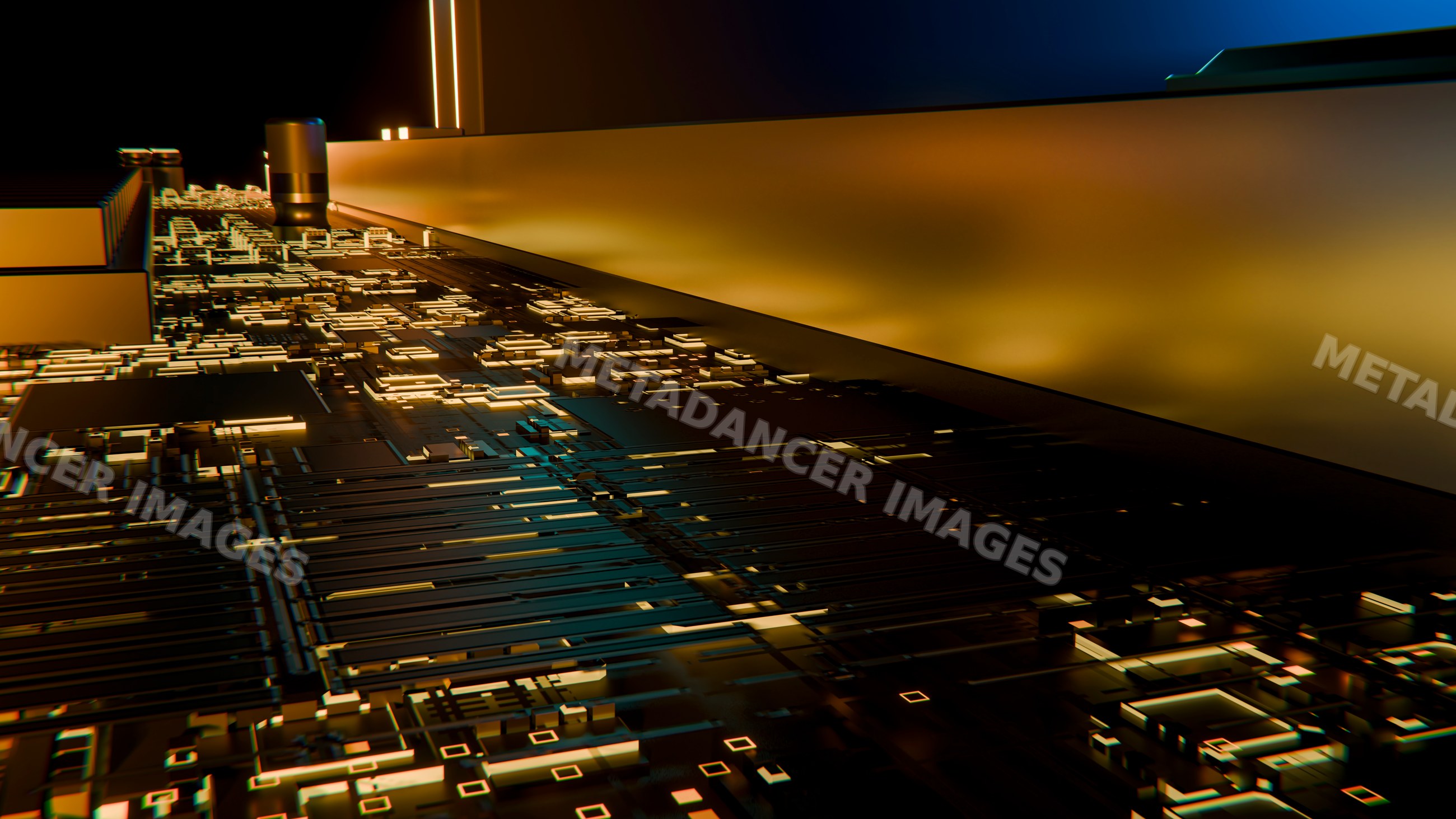 Close-up of computer motherboard circuit board with glowing components