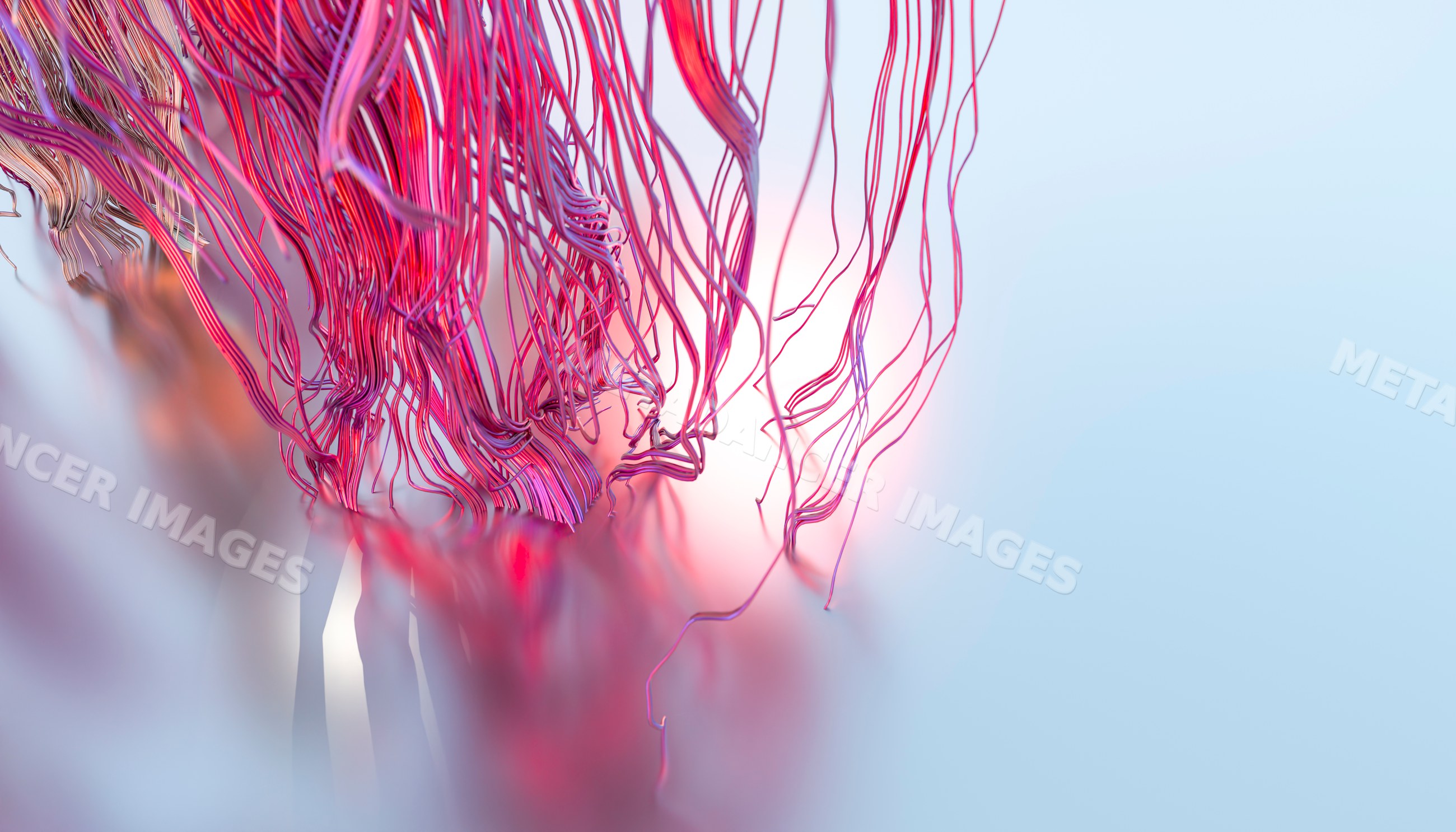 Close-up of colorful pink and purple wires flowing over reflective