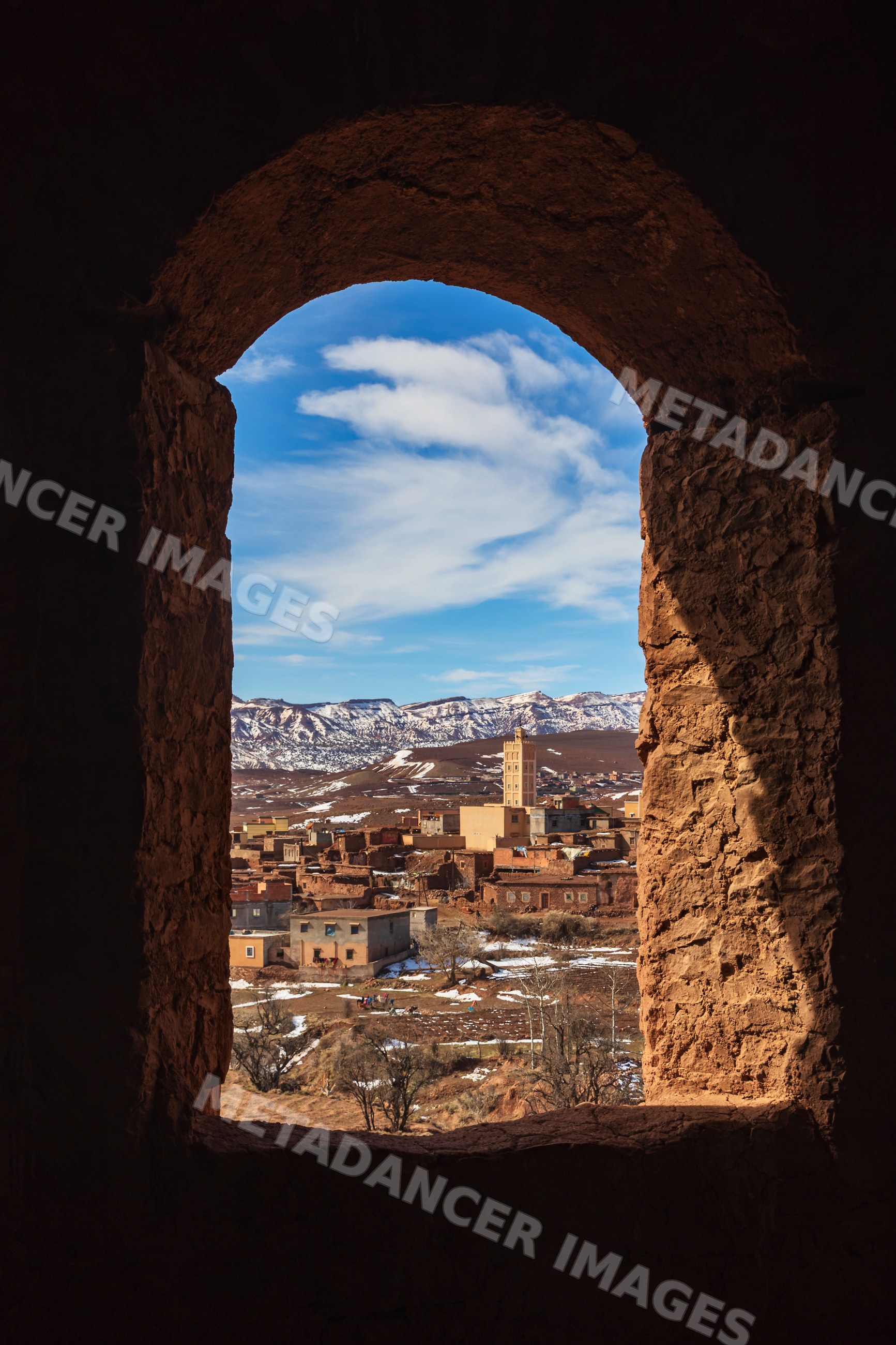 Village of Telouet viewed through Kasbah Glaoui window