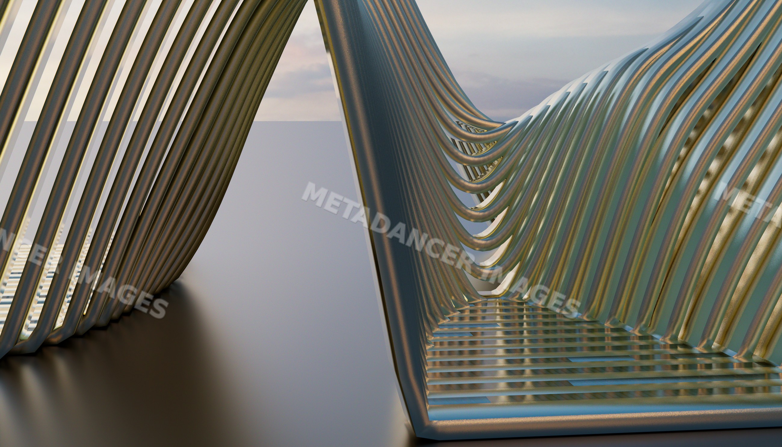 Abstract modern metal sculpture featuring curved geometric rods