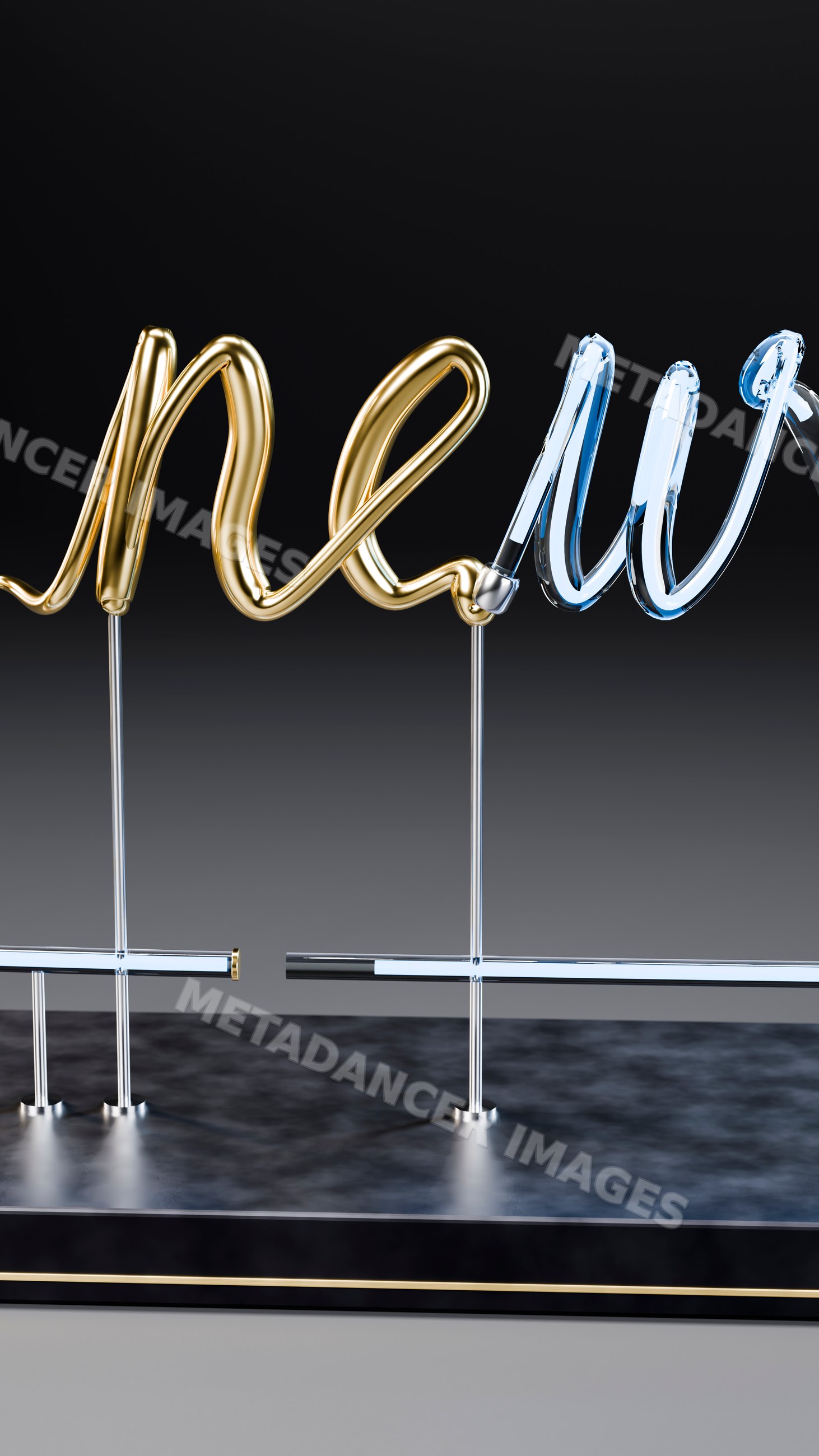Neon light sign with gold and blue lettering spelling new