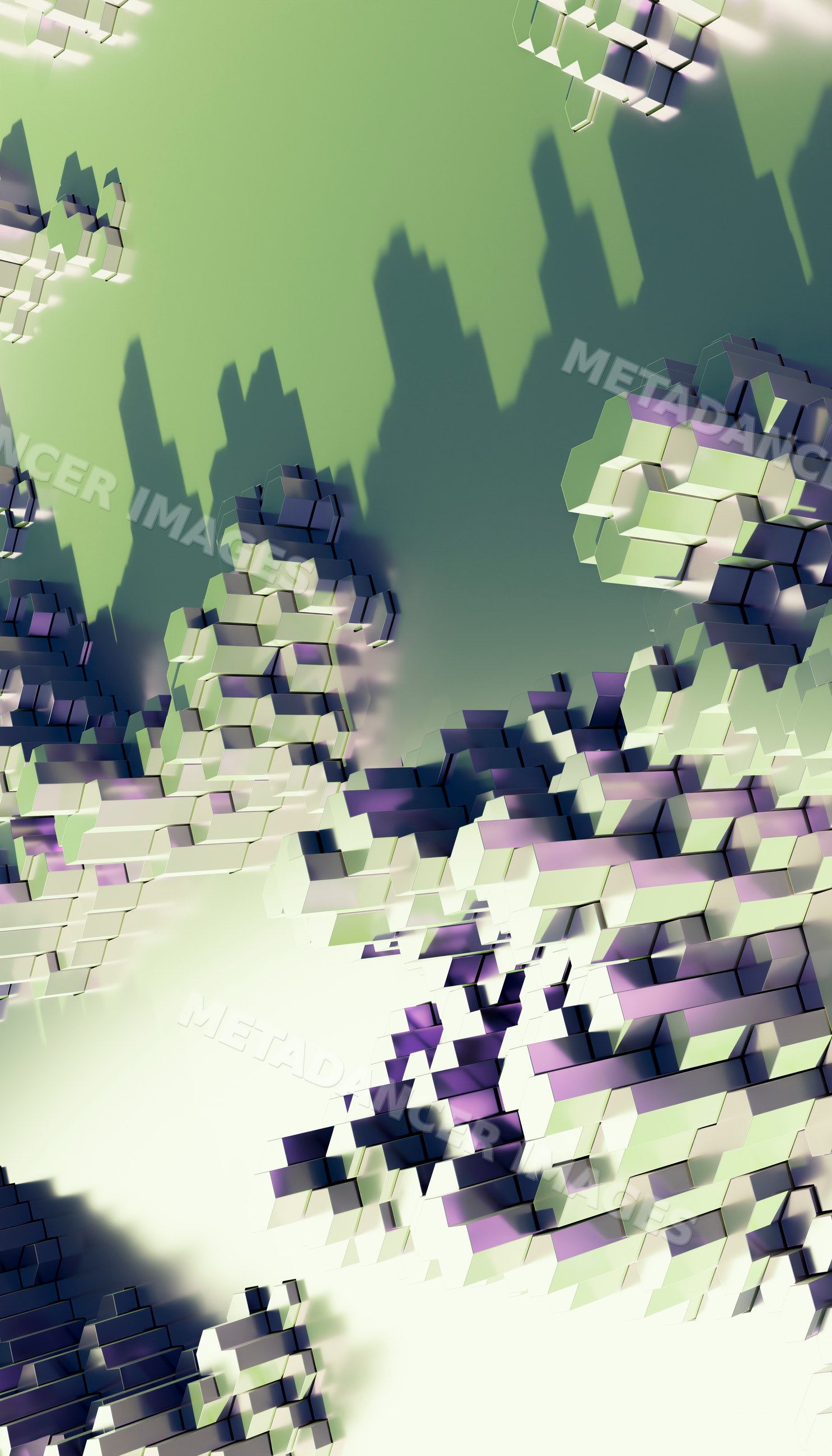 Three-dimensional hexagonal blocks form an abstract geometric pattern