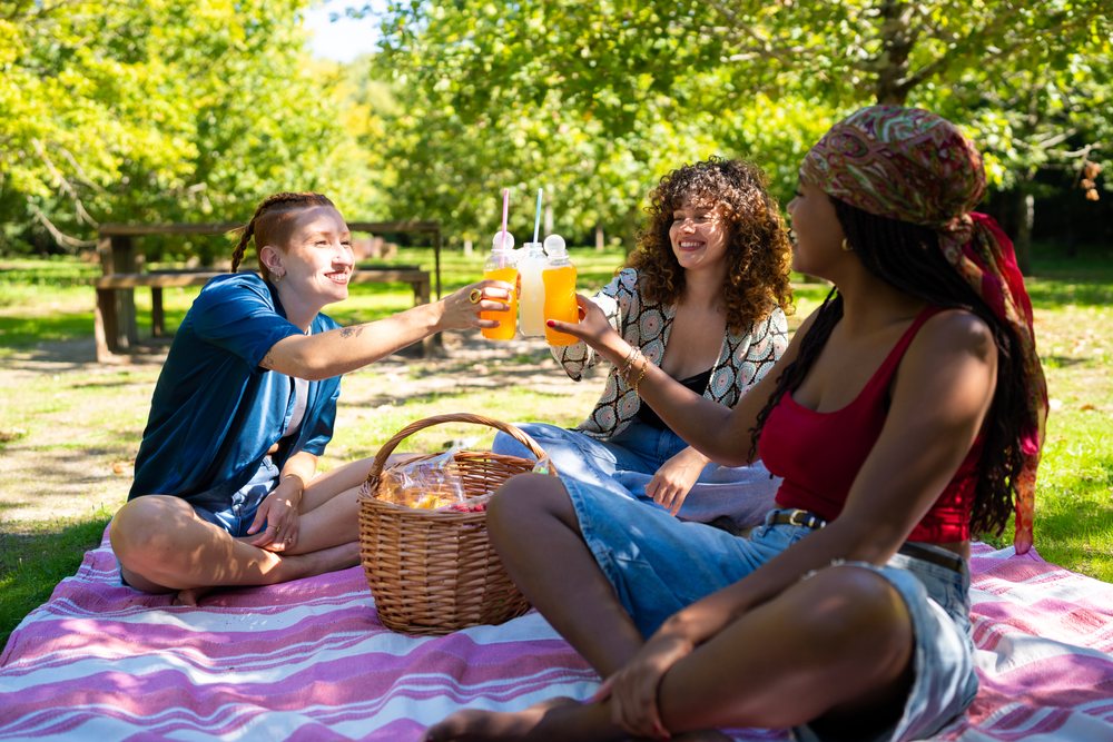Friends enjoying a picnic toast with orange juice in a sunny park
