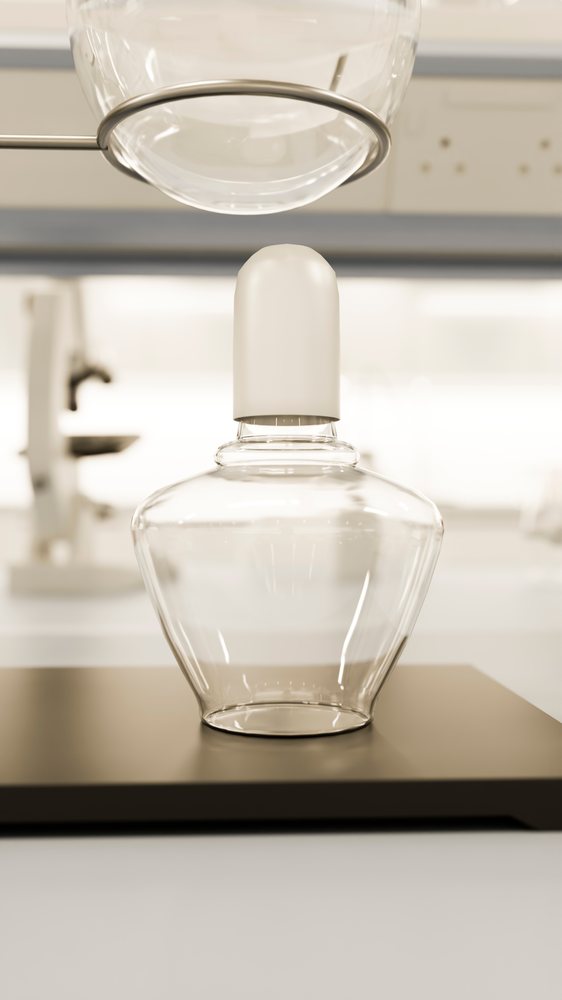 Glass container with white cap in laboratory setting