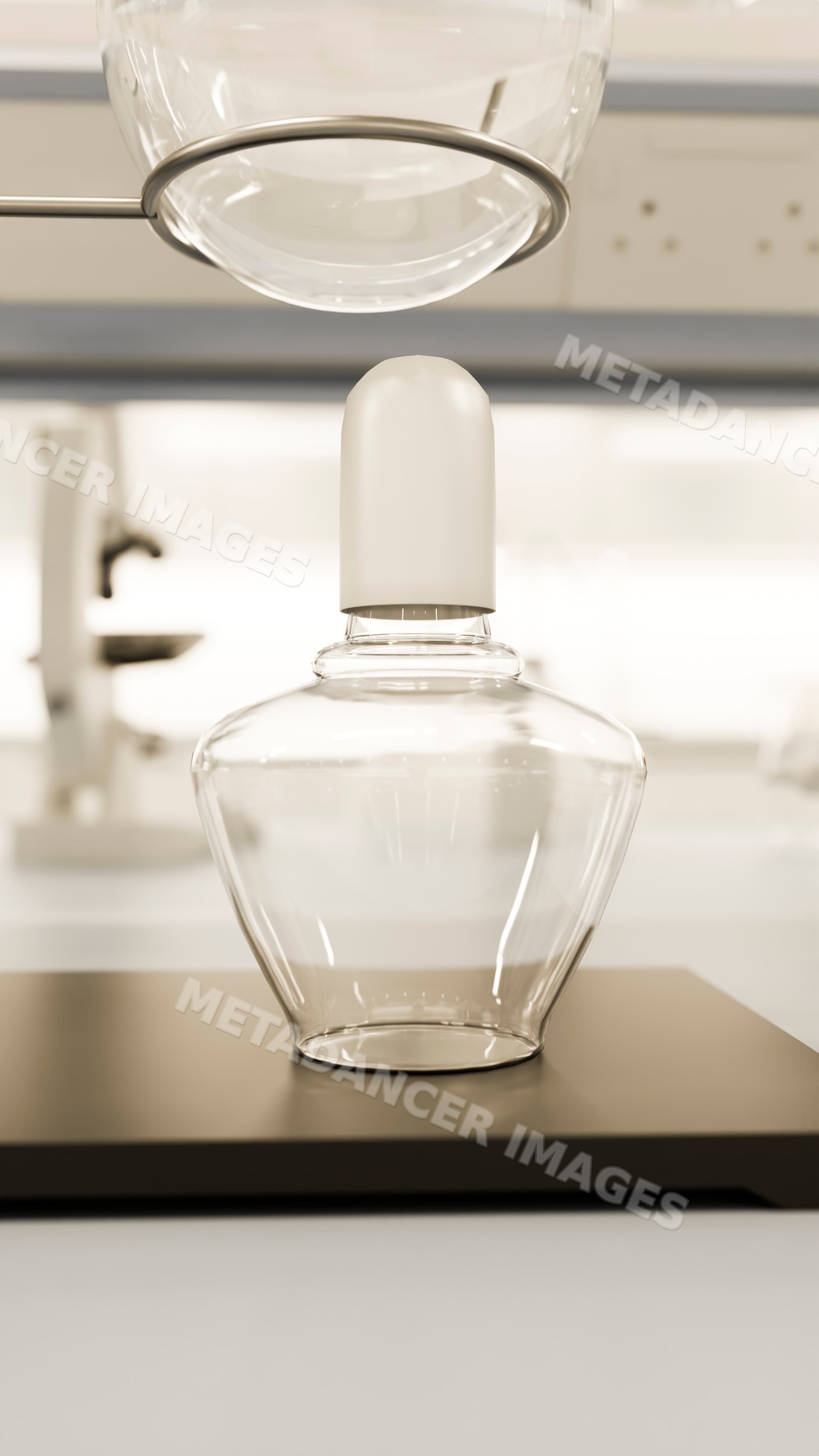 Glass container with white cap in laboratory setting