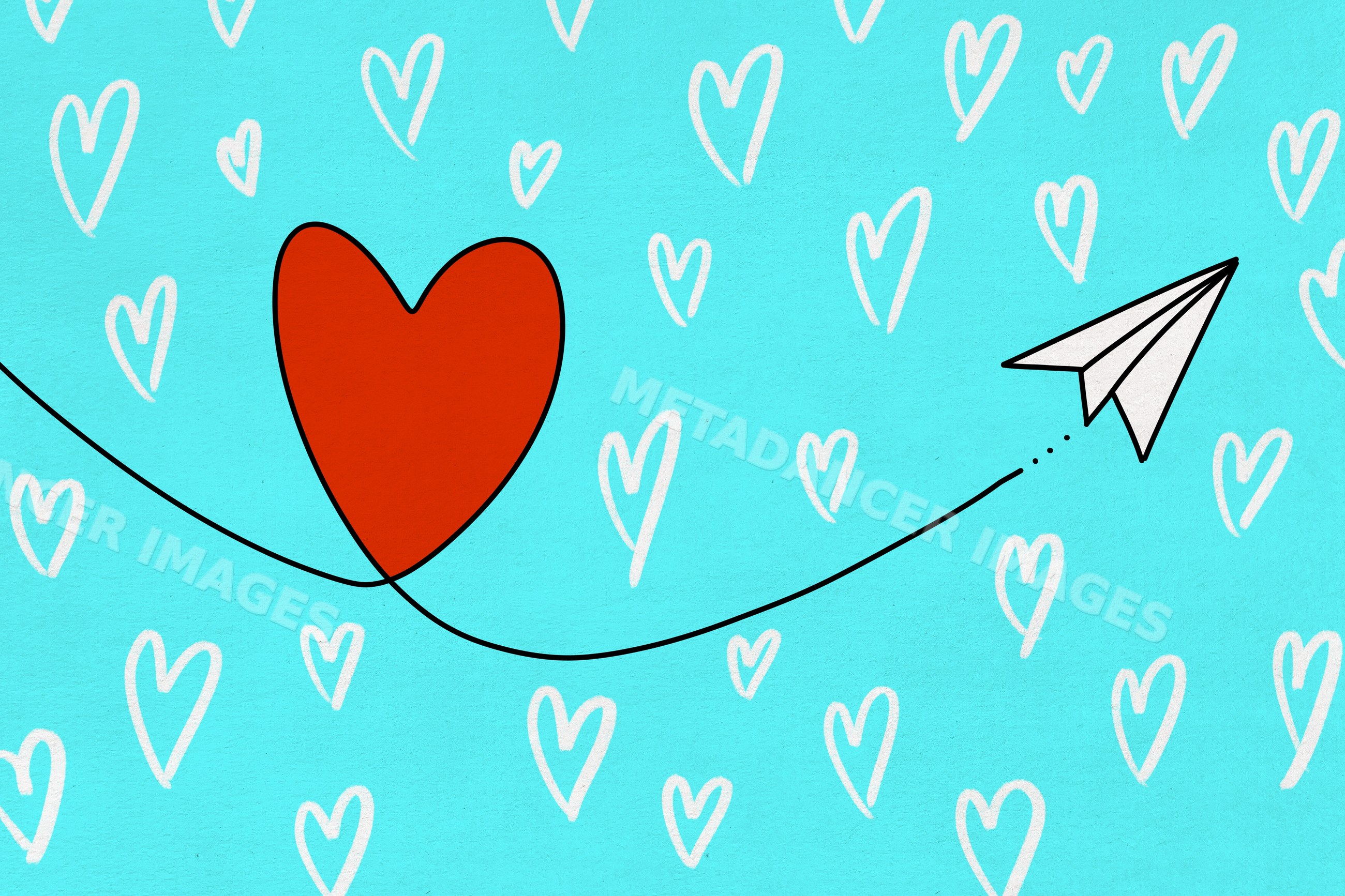 Illustration of a red heart and paper airplane with a love-themed