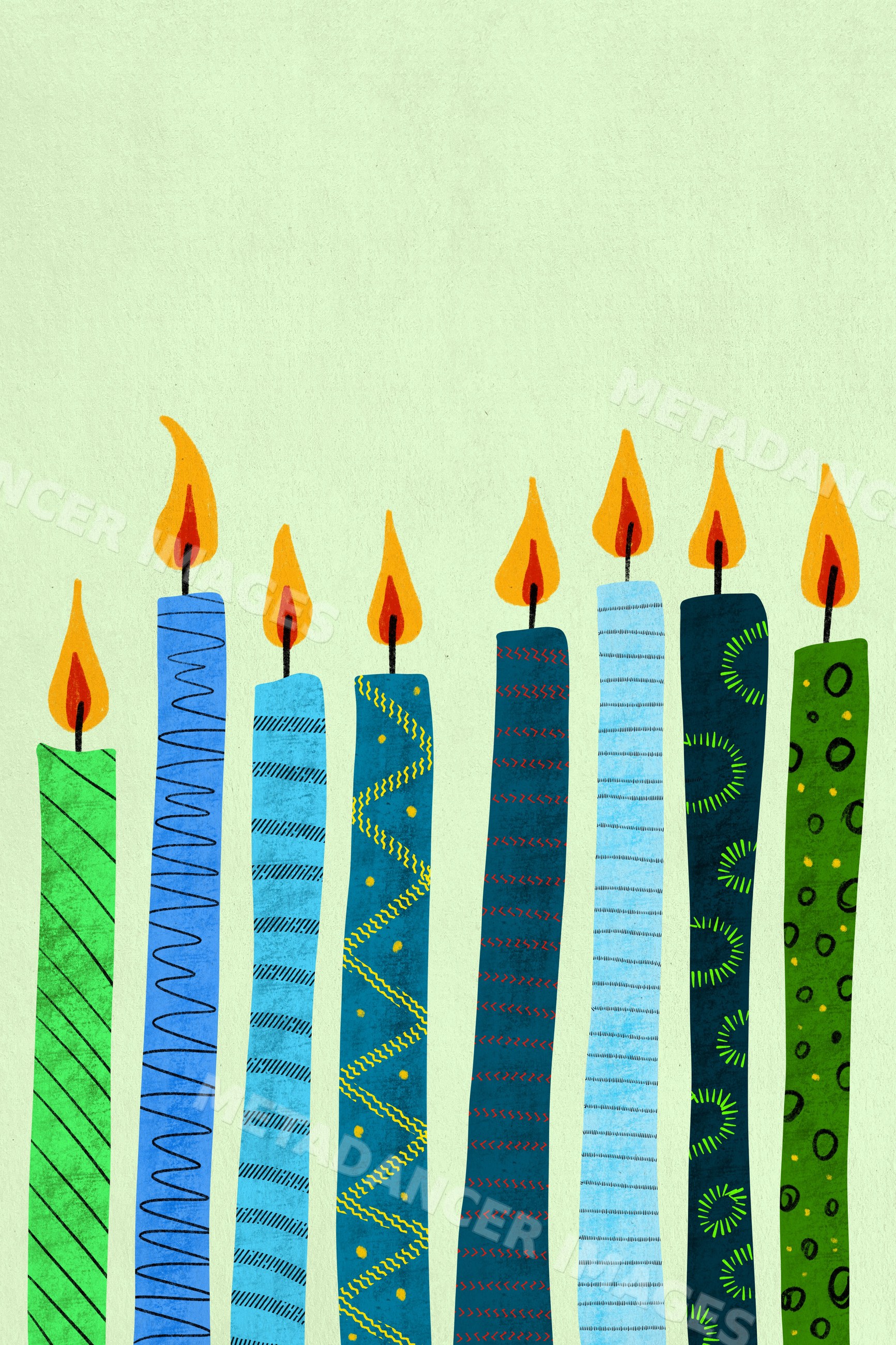Illustration of nine colorful lit candles with decorative patterns