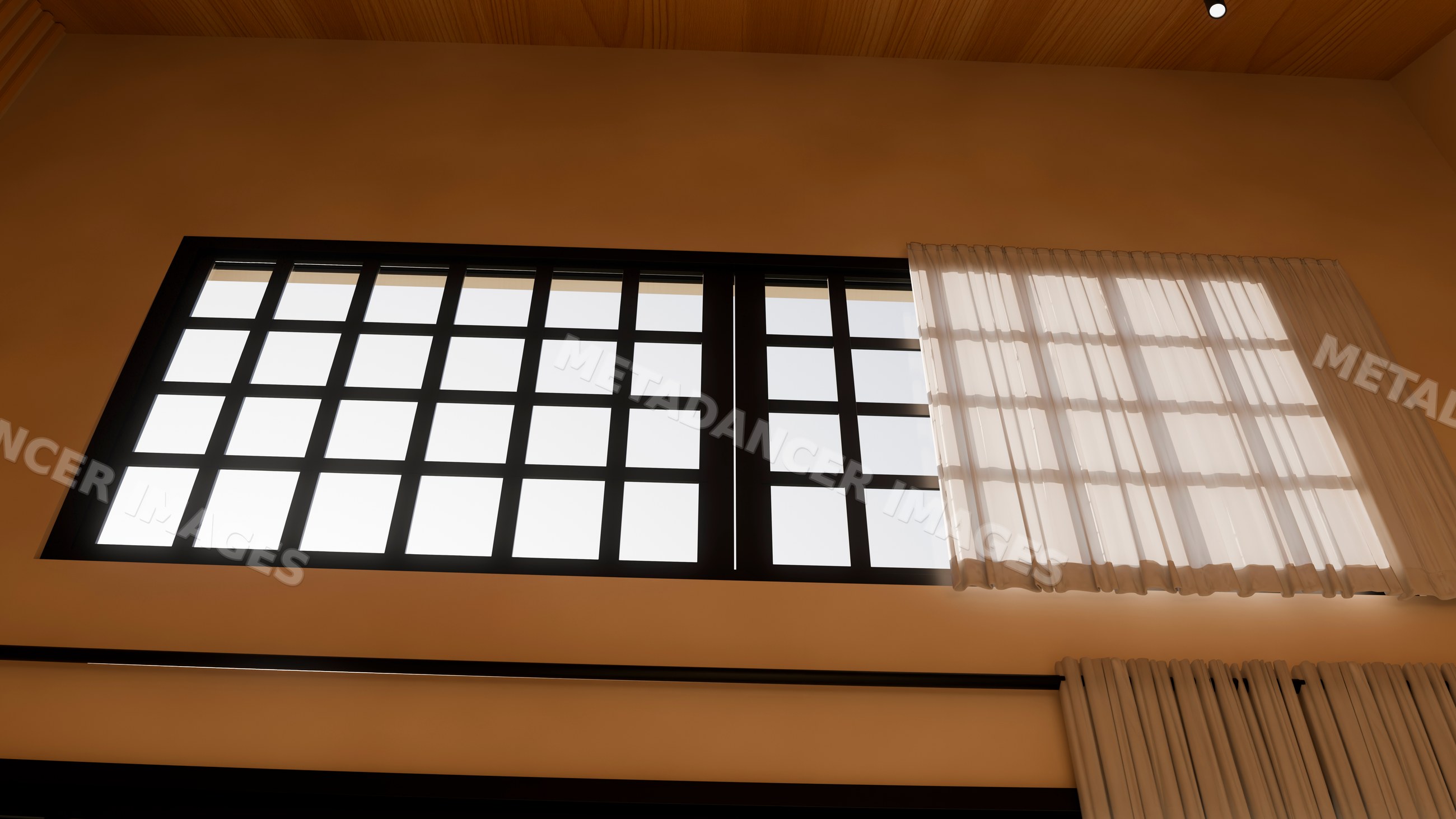 Window with grid pattern and sheer curtain in interior room