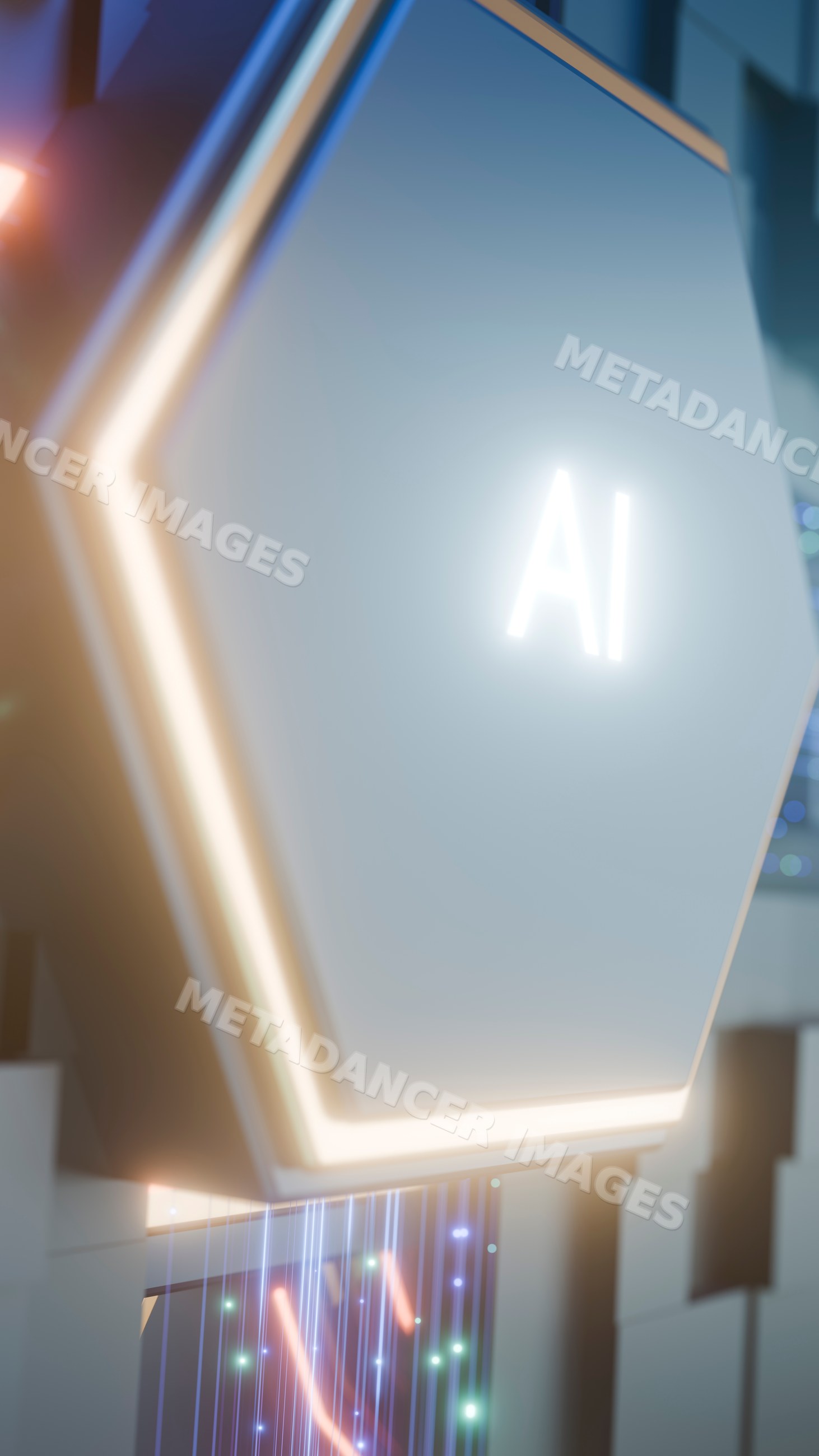Glowing hexagon panel with ai text in digital technology setting