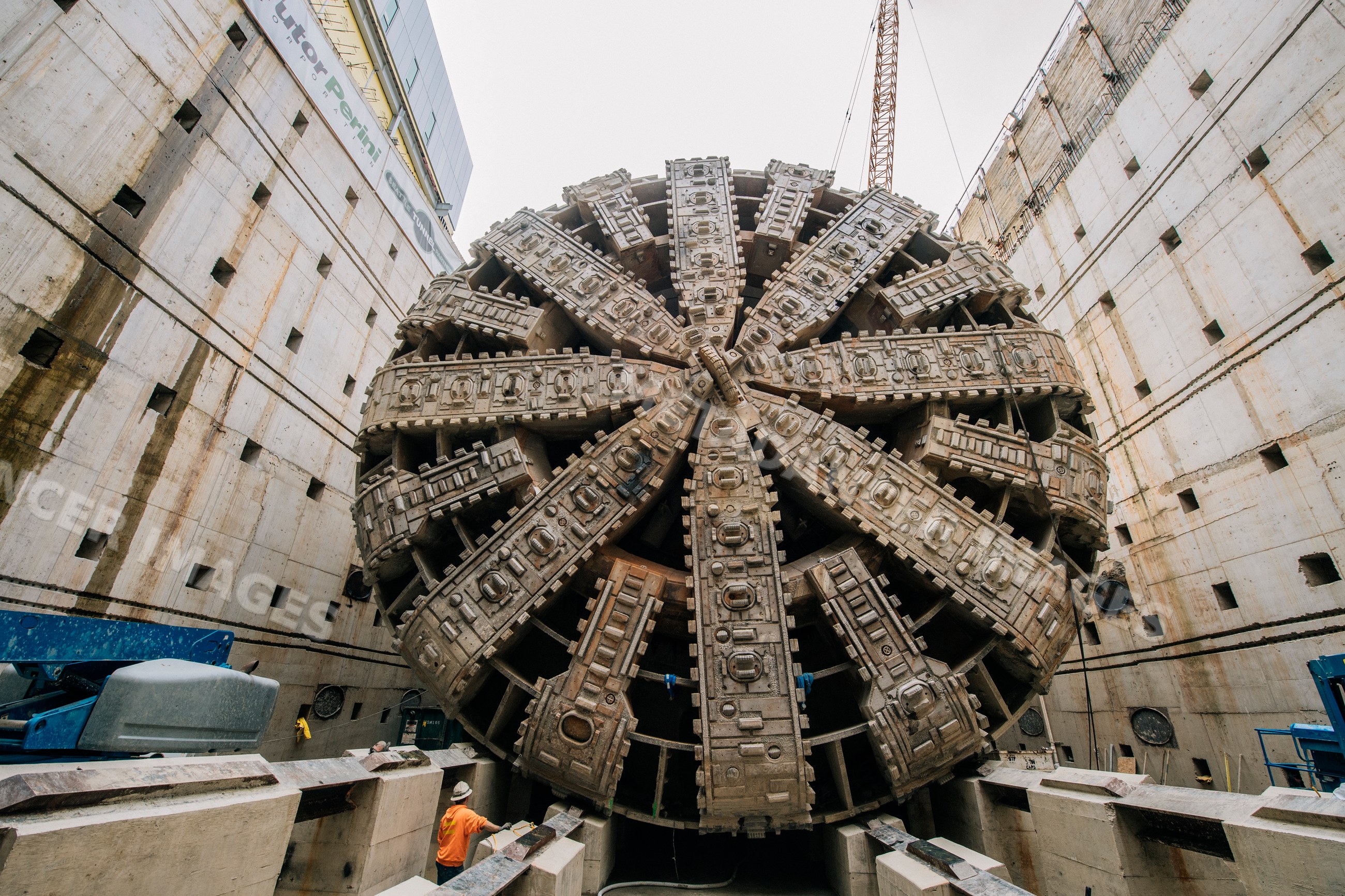 A giant tunnel boring machine prepares for drilling