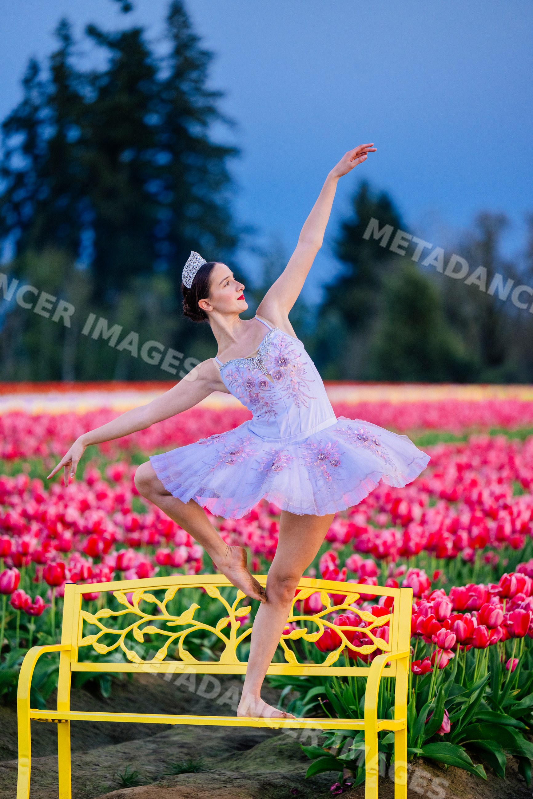 Ballet white dancer barefoot balancing on yellow bench