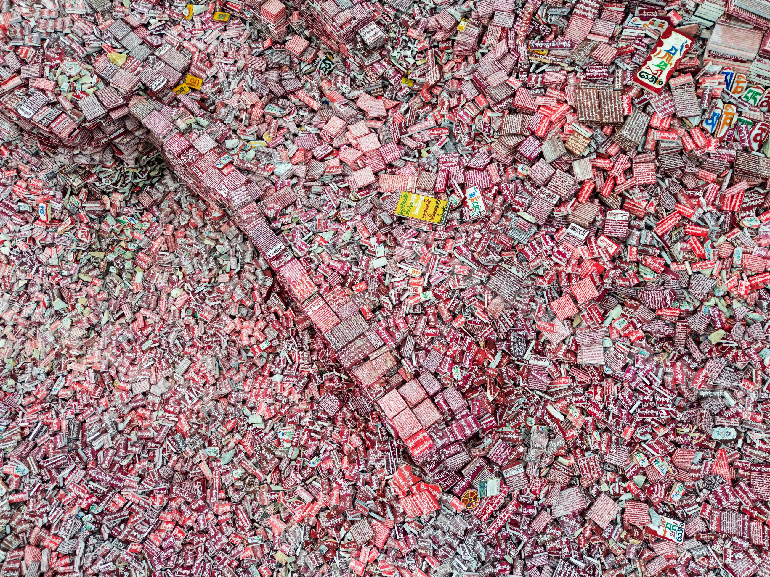 Aerial view of prayer stones inscribed with mantras