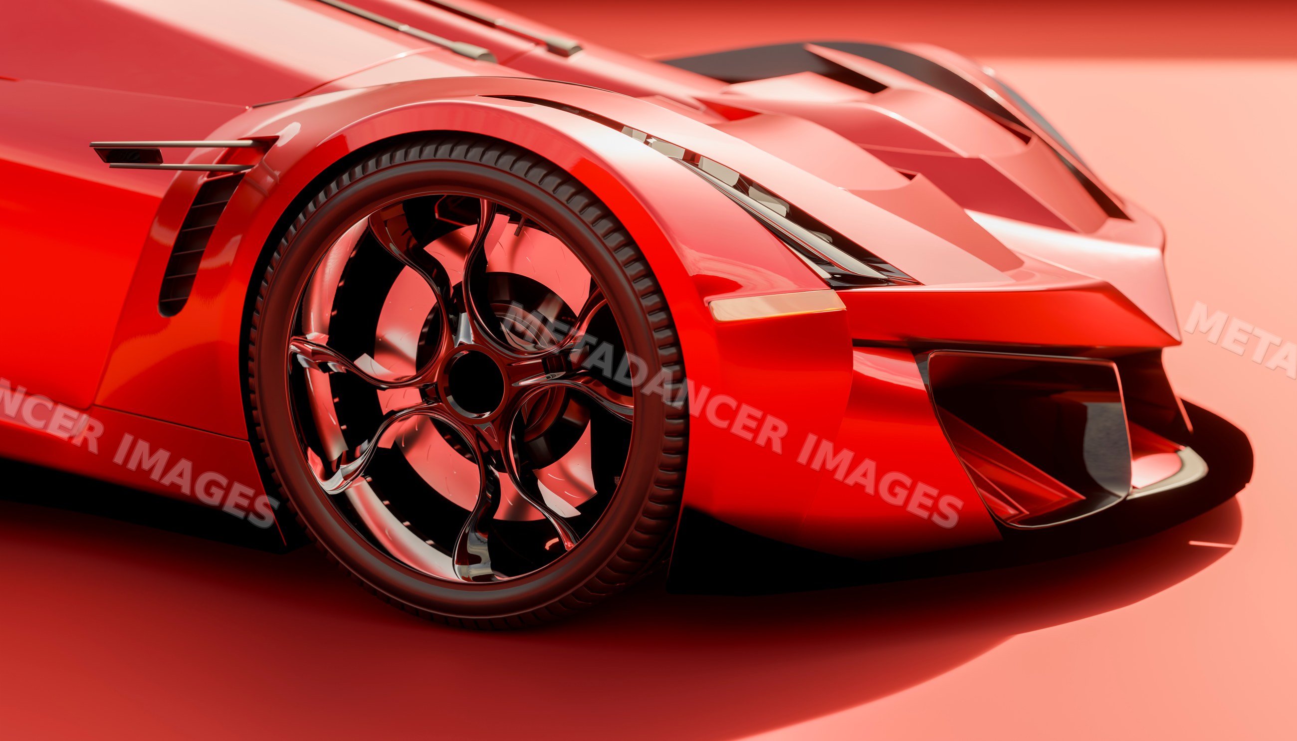 Close-up of the front wheel and body of a red sports vehicle