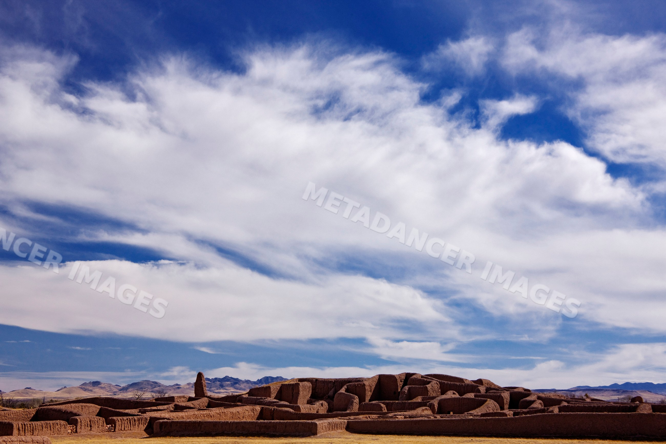 Paquime archaeological site ruins, mexico under blue sky