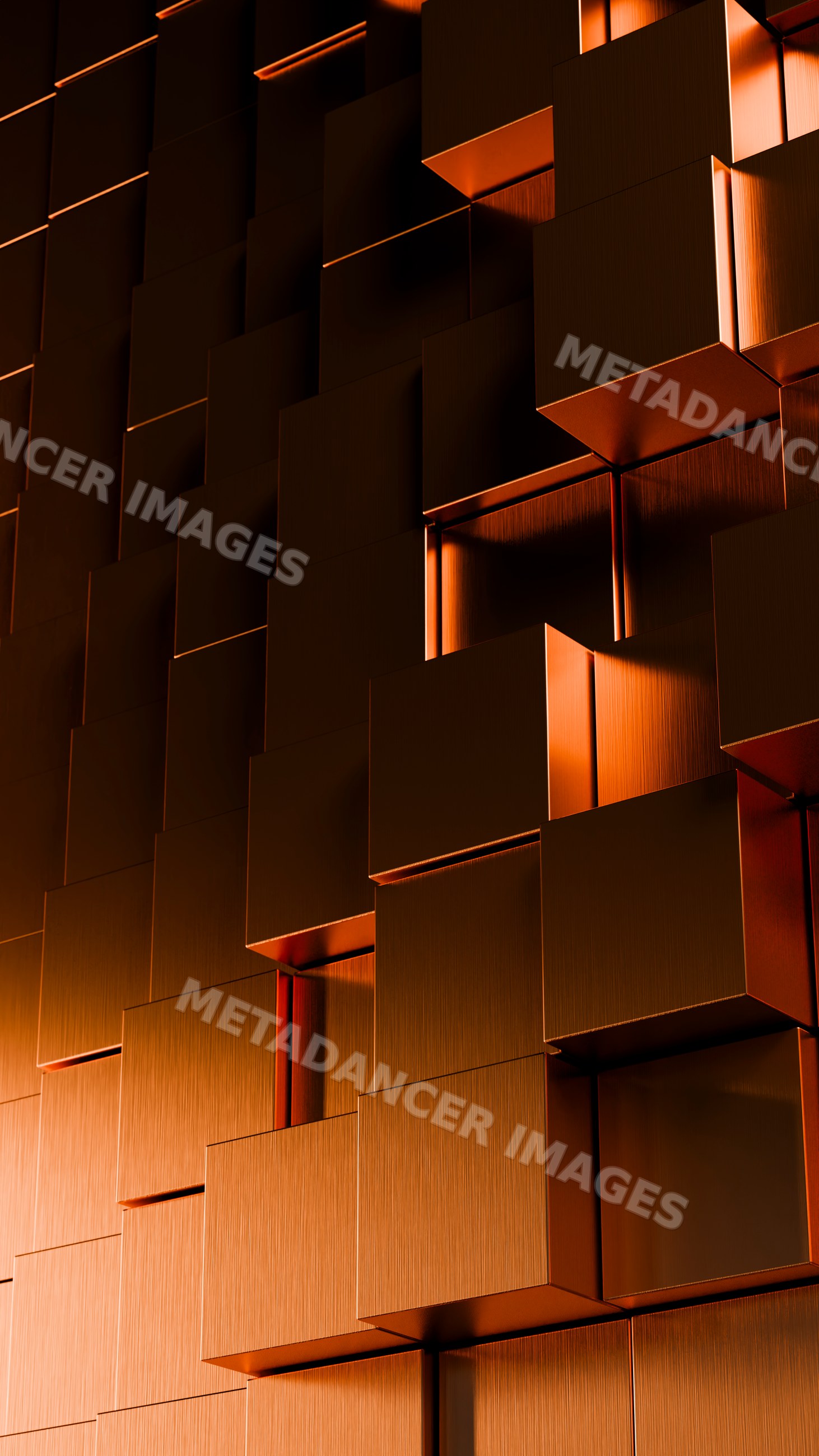 Modern architectural wall with copper-colored metal cube pattern