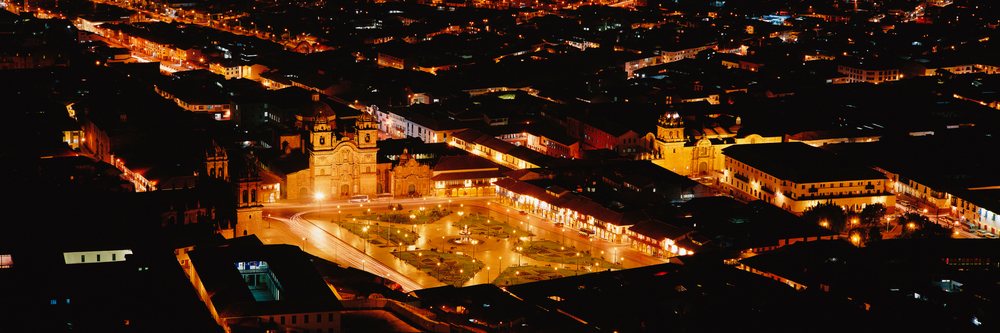 Night aerial view of central plaza and historic buildings peru