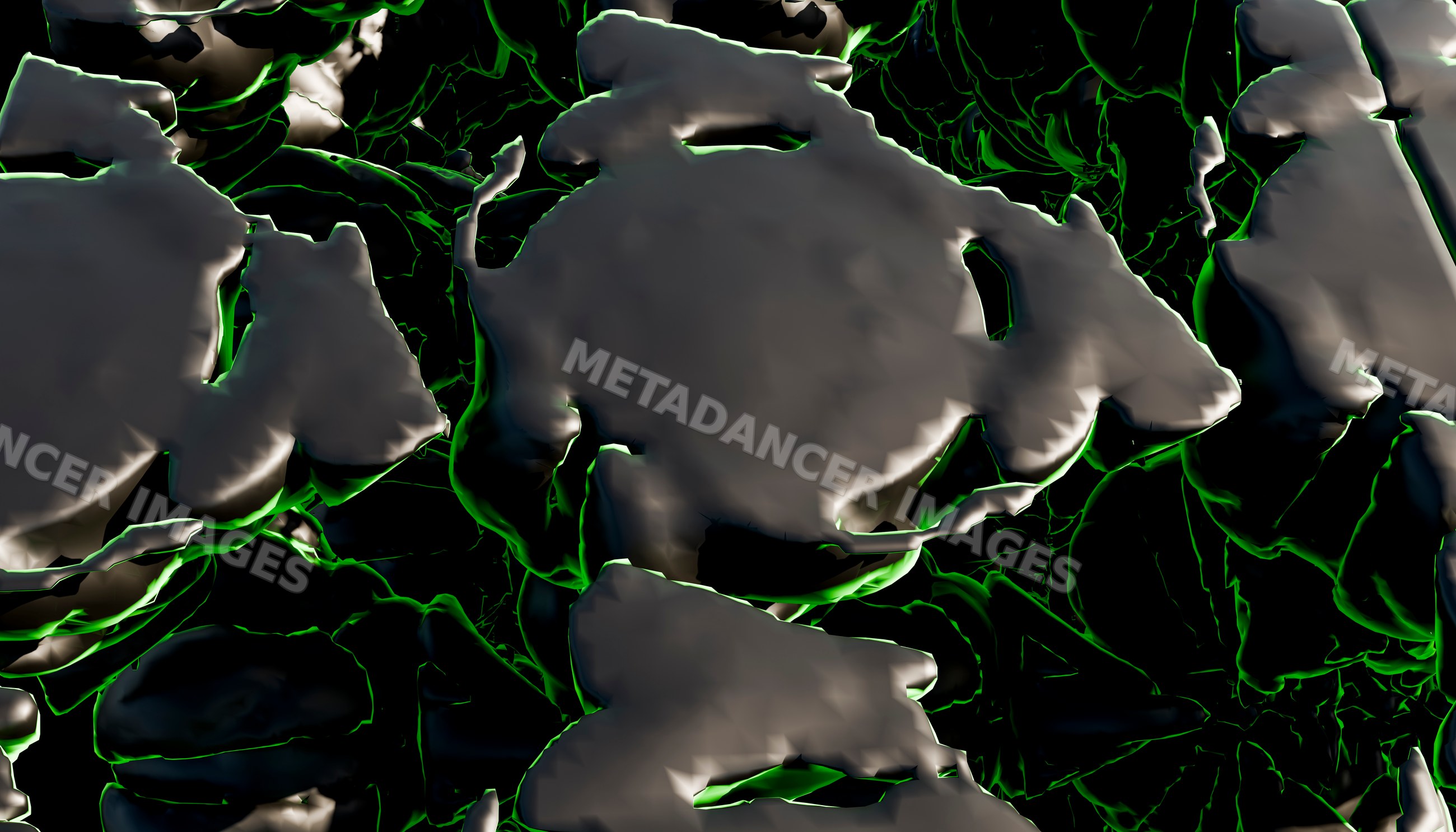 Dark abstract shapes with glowing green edges in digital 3d art