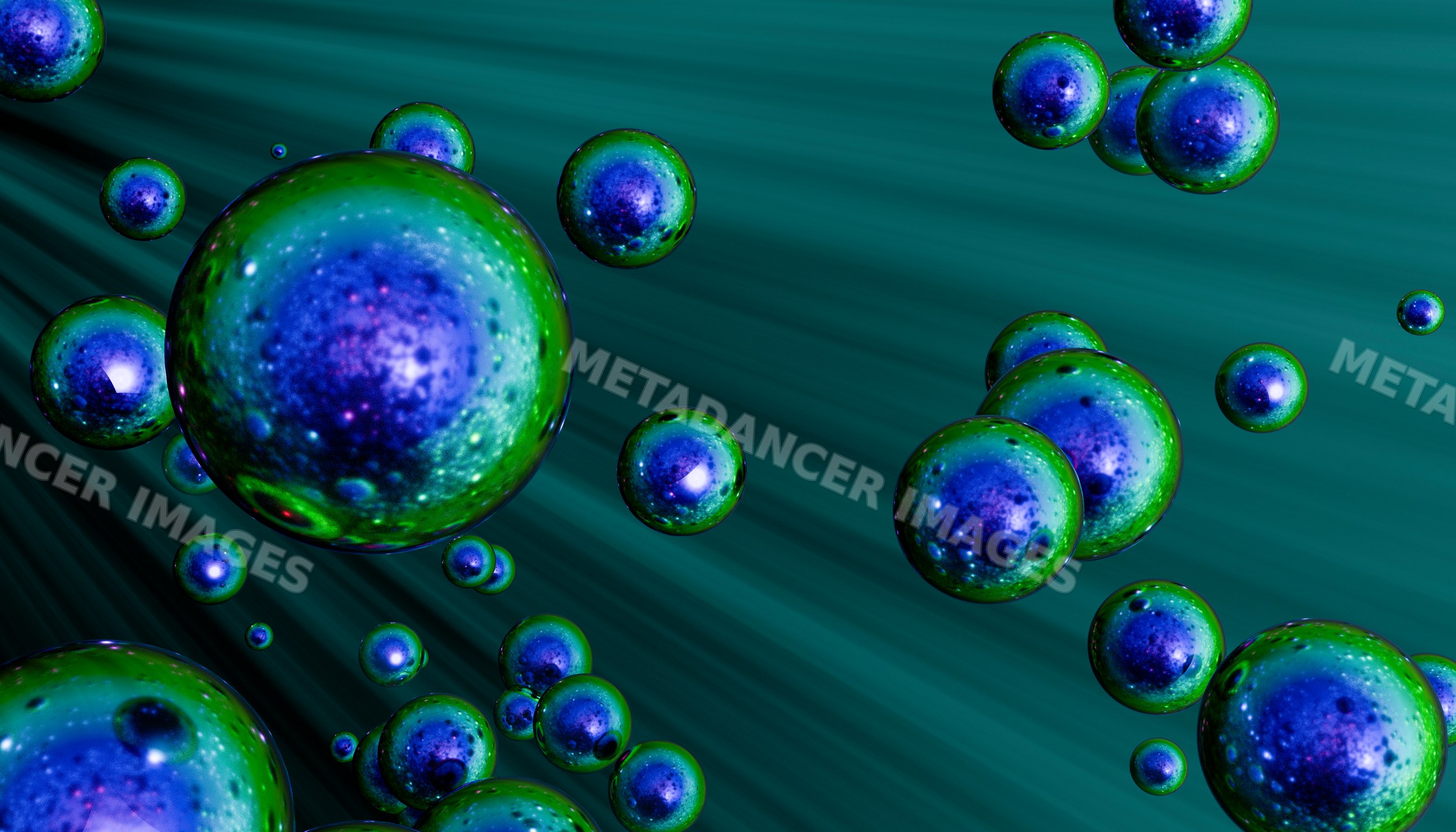 Blue and green shiny spherical orbs floating