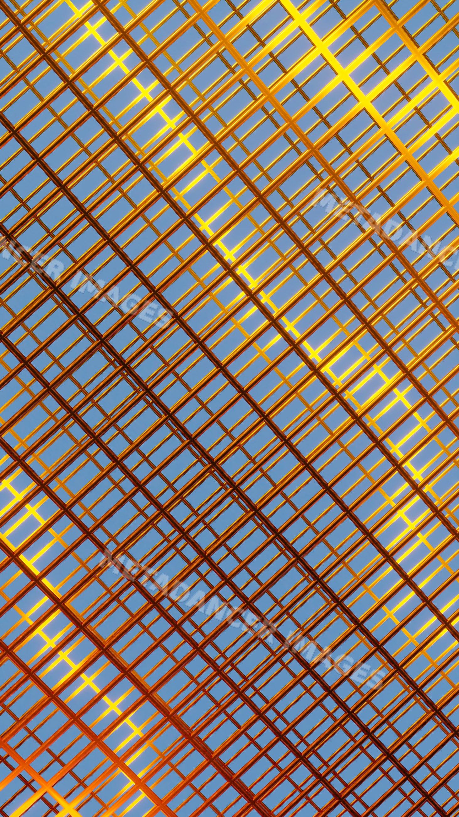 Metallic gold grid structure with intersecting lines against blue sky