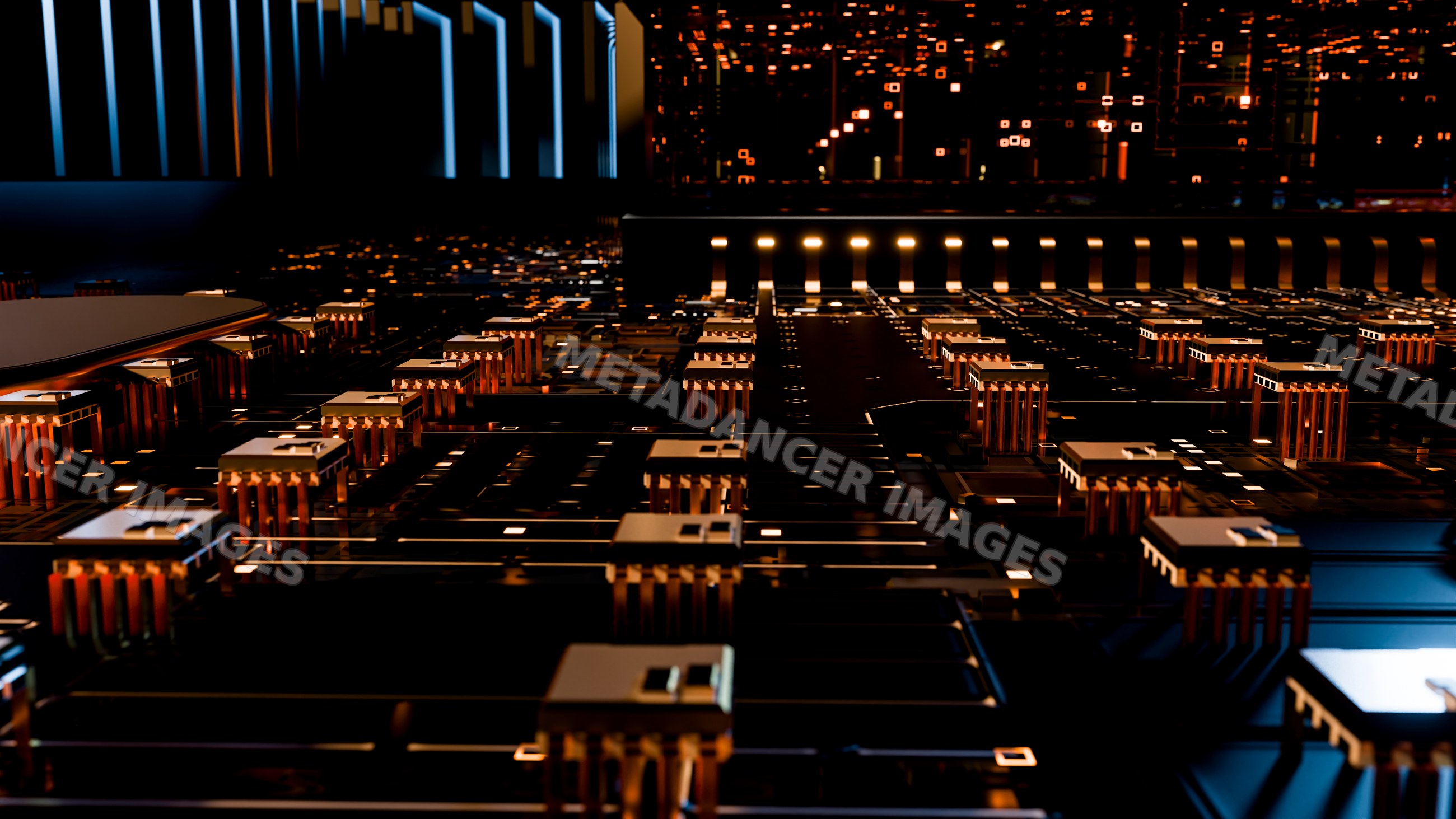 High-tech circuit board with illuminated microchips and electronic