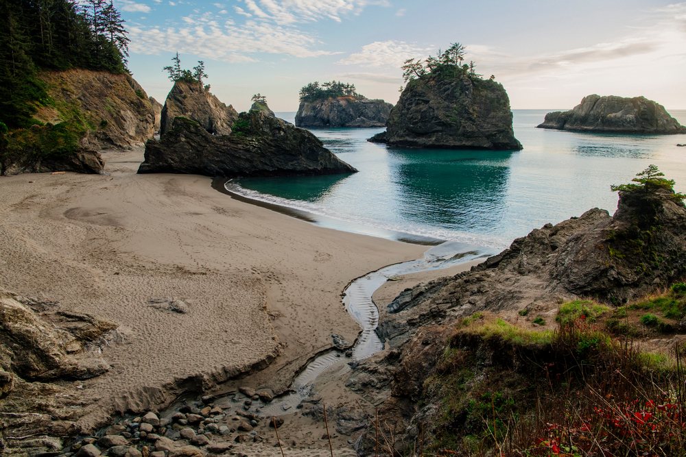Coastal landscape with sea stacks and sandy beach