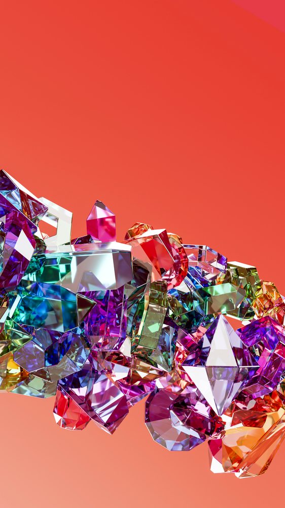 Colorful transparent faceted crystals illustration on red background