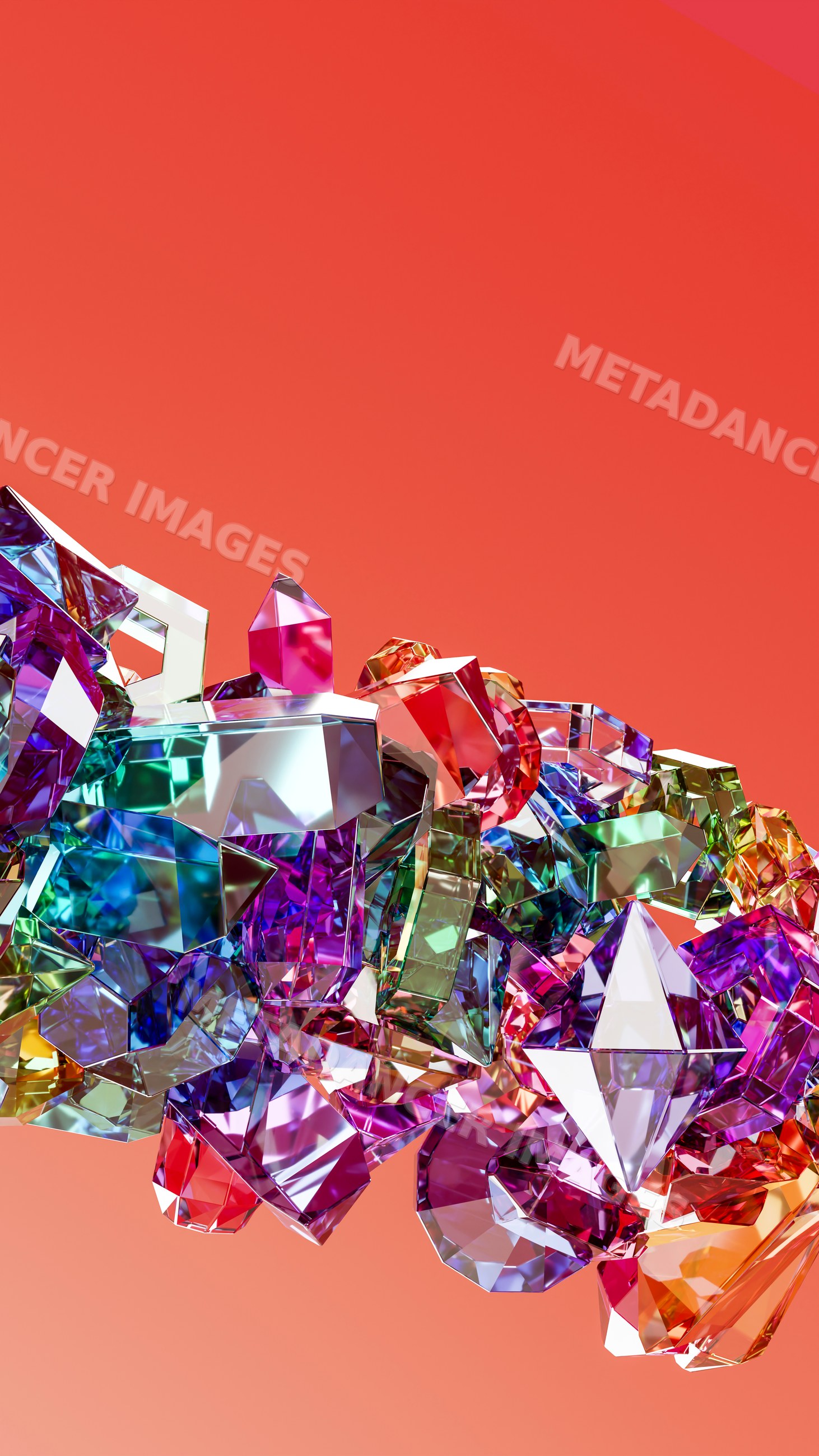 Colorful transparent faceted crystals illustration on red background